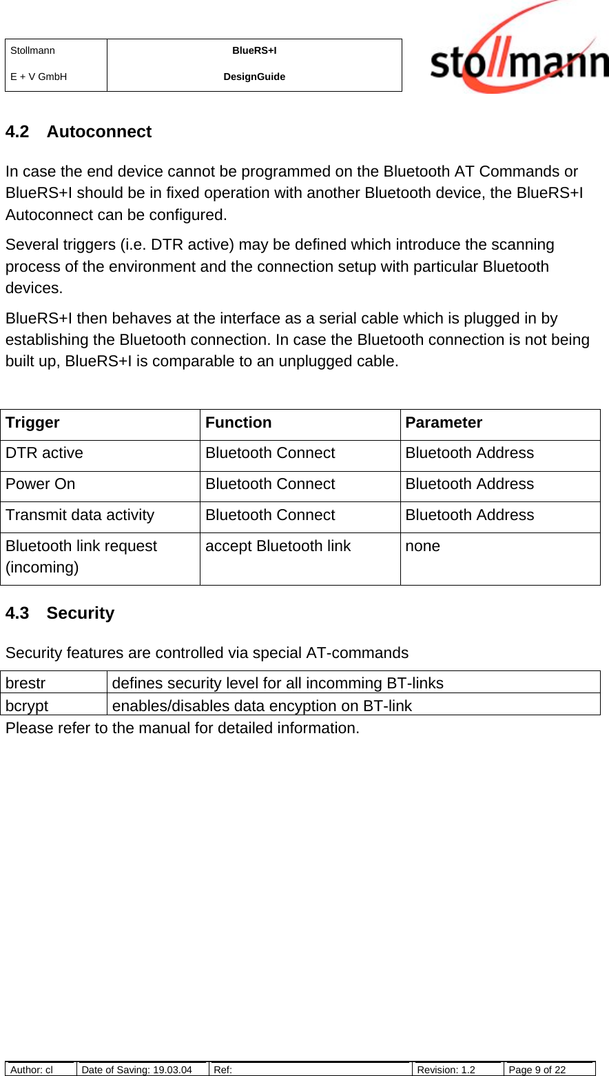 StollmannE + V GmbHBlueRS+IDesignGuideAuthor: cl Date of Saving: 19.03.04 Ref: Revision: 1.2 Page 9 of 224.2 AutoconnectIn case the end device cannot be programmed on the Bluetooth AT Commands orBlueRS+I should be in fixed operation with another Bluetooth device, the BlueRS+IAutoconnect can be configured.Several triggers (i.e. DTR active) may be defined which introduce the scanningprocess of the environment and the connection setup with particular Bluetoothdevices.BlueRS+I then behaves at the interface as a serial cable which is plugged in byestablishing the Bluetooth connection. In case the Bluetooth connection is not beingbuilt up, BlueRS+I is comparable to an unplugged cable.Trigger Function ParameterDTR active Bluetooth Connect Bluetooth AddressPower On Bluetooth Connect Bluetooth AddressTransmit data activity Bluetooth Connect Bluetooth AddressBluetooth link request(incoming)accept Bluetooth link none4.3 SecuritySecurity features are controlled via special AT-commandsbrestr defines security level for all incomming BT-linksbcrypt enables/disables data encyption on BT-linkPlease refer to the manual for detailed information.