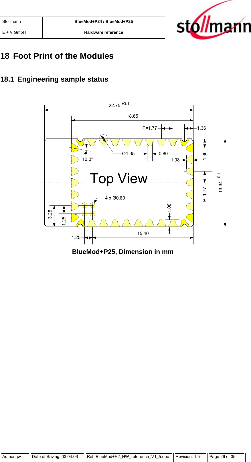 Stollmann  E + V GmbH BlueMod+P24 / BlueMod+P25 Hardware reference  18 Foot Print of the Modules 18.1  Engineering sample status Top View1.254 x Ø0.80P=1.771.081.081.36P=1.770.801.363.2515.401.2513.34±0.122.75±0.118.65Ø1.3510,0°BlueMod+P25, Dimension in mm  Author: jw  Date of Saving: 03.04.06  Ref: BlueMod+P2_HW_reference_V1_5.doc  Revision: 1.5   Page 26 of 35  