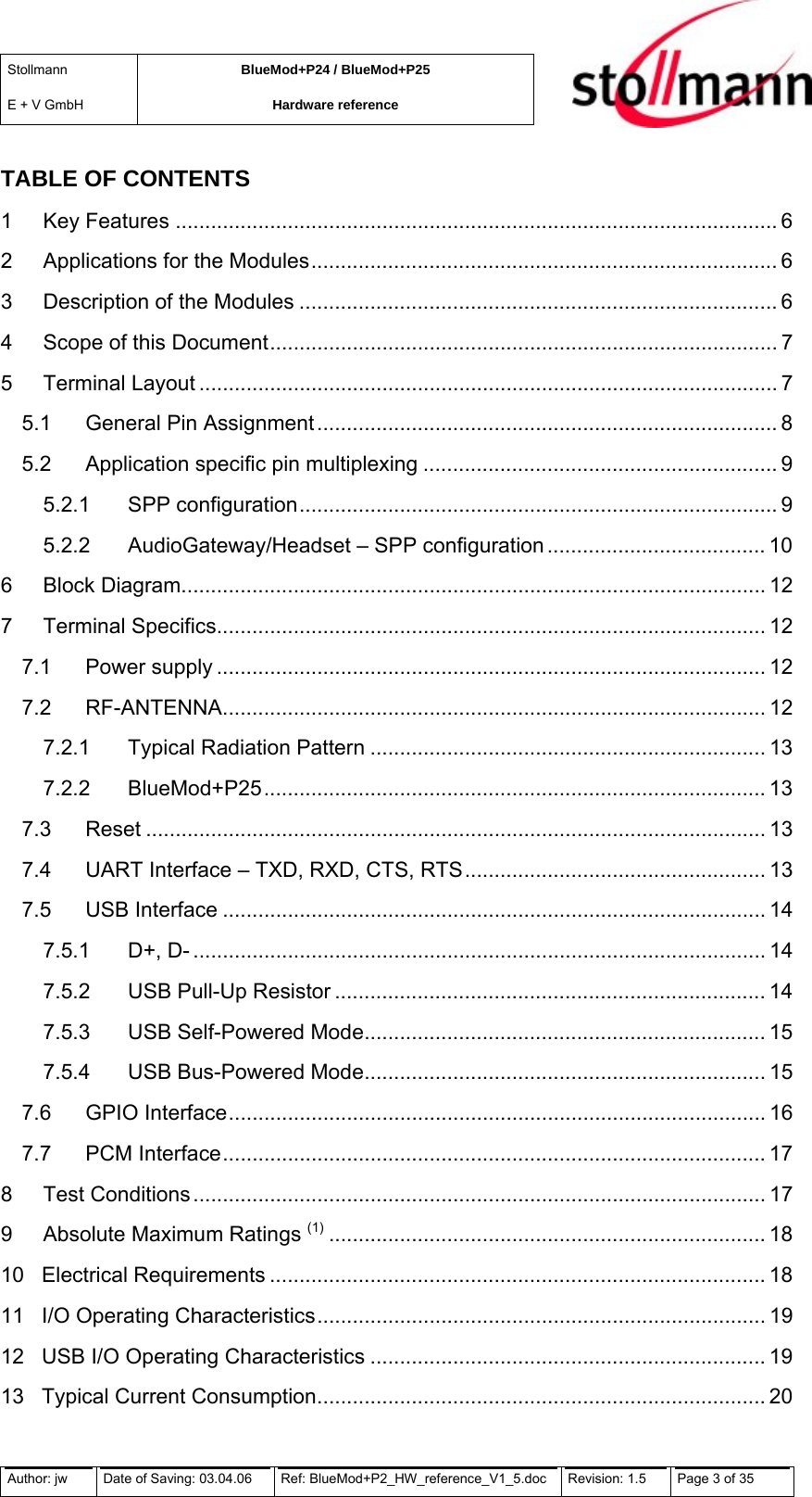 Stollmann  E + V GmbH BlueMod+P24 / BlueMod+P25 Hardware reference  TABLE OF CONTENTS 1 Key Features ...................................................................................................... 6 2 Applications for the Modules............................................................................... 6 3 Description of the Modules ................................................................................. 6 4 Scope of this Document...................................................................................... 7 5 Terminal Layout .................................................................................................. 7 5.1 General Pin Assignment .............................................................................. 8 5.2 Application specific pin multiplexing ............................................................ 9 5.2.1 SPP configuration................................................................................. 9 5.2.2 AudioGateway/Headset – SPP configuration ..................................... 10 6 Block Diagram................................................................................................... 12 7 Terminal Specifics............................................................................................. 12 7.1 Power supply ............................................................................................. 12 7.2 RF-ANTENNA............................................................................................ 12 7.2.1 Typical Radiation Pattern ................................................................... 13 7.2.2 BlueMod+P25..................................................................................... 13 7.3 Reset ......................................................................................................... 13 7.4 UART Interface – TXD, RXD, CTS, RTS................................................... 13 7.5 USB Interface ............................................................................................ 14 7.5.1 D+, D- ................................................................................................. 14 7.5.2 USB Pull-Up Resistor ......................................................................... 14 7.5.3 USB Self-Powered Mode.................................................................... 15 7.5.4 USB Bus-Powered Mode.................................................................... 15 7.6 GPIO Interface........................................................................................... 16 7.7 PCM Interface............................................................................................ 17 8 Test Conditions................................................................................................. 17 9 Absolute Maximum Ratings (1) .......................................................................... 18 10 Electrical Requirements .................................................................................... 18 11 I/O Operating Characteristics............................................................................ 19 12 USB I/O Operating Characteristics ................................................................... 19 13 Typical Current Consumption............................................................................ 20 Author: jw  Date of Saving: 03.04.06  Ref: BlueMod+P2_HW_reference_V1_5.doc  Revision: 1.5   Page 3 of 35  