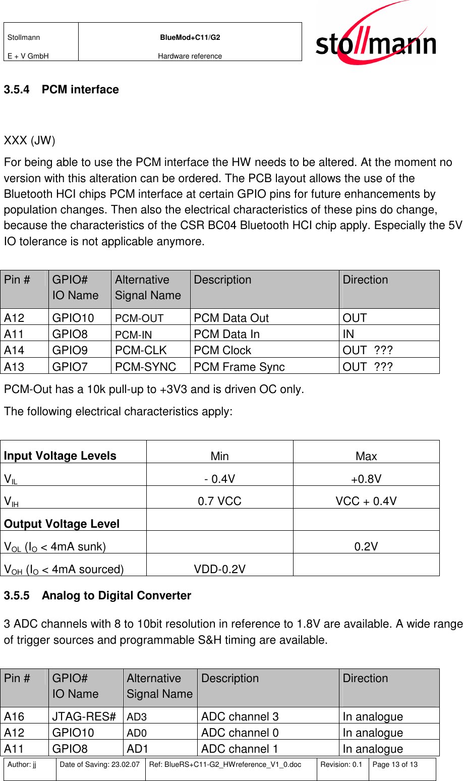 Stollmann  E + V GmbH BlueMod+C11/G2 Hardware reference  Author: jj  Date of Saving: 23.02.07  Ref: BlueRS+C11-G2_HWreference_V1_0.doc  Revision: 0.1  Page 13 of 13   3.5.4  PCM interface  XXX (JW) For being able to use the PCM interface the HW needs to be altered. At the moment no version with this alteration can be ordered. The PCB layout allows the use of the Bluetooth HCI chips PCM interface at certain GPIO pins for future enhancements by population changes. Then also the electrical characteristics of these pins do change, because the characteristics of the CSR BC04 Bluetooth HCI chip apply. Especially the 5V IO tolerance is not applicable anymore.   Pin #  GPIO# IO Name Alternative Signal Name Description  Direction  A12  GPIO10 PCM-OUT PCM Data Out  OUT A11  GPIO8 PCM-IN PCM Data In  IN A14  GPIO9  PCM-CLK  PCM Clock  OUT  ??? A13  GPIO7  PCM-SYNC  PCM Frame Sync  OUT  ??? PCM-Out has a 10k pull-up to +3V3 and is driven OC only.  The following electrical characteristics apply:  Input Voltage Levels  Min  Max VIL  - 0.4V  +0.8V VIH 0.7 VCC  VCC + 0.4V Output Voltage Level     VOL (IO &lt; 4mA sunk)    0.2V VOH (IO &lt; 4mA sourced)  VDD-0.2V   3.5.5  Analog to Digital Converter 3 ADC channels with 8 to 10bit resolution in reference to 1.8V are available. A wide range of trigger sources and programmable S&amp;H timing are available.  Pin #  GPIO# IO Name Alternative Signal Name Description  Direction  A16  JTAG-RES# AD3 ADC channel 3  In analogue A12  GPIO10 AD0 ADC channel 0  In analogue A11  GPIO8  AD1  ADC channel 1  In analogue 