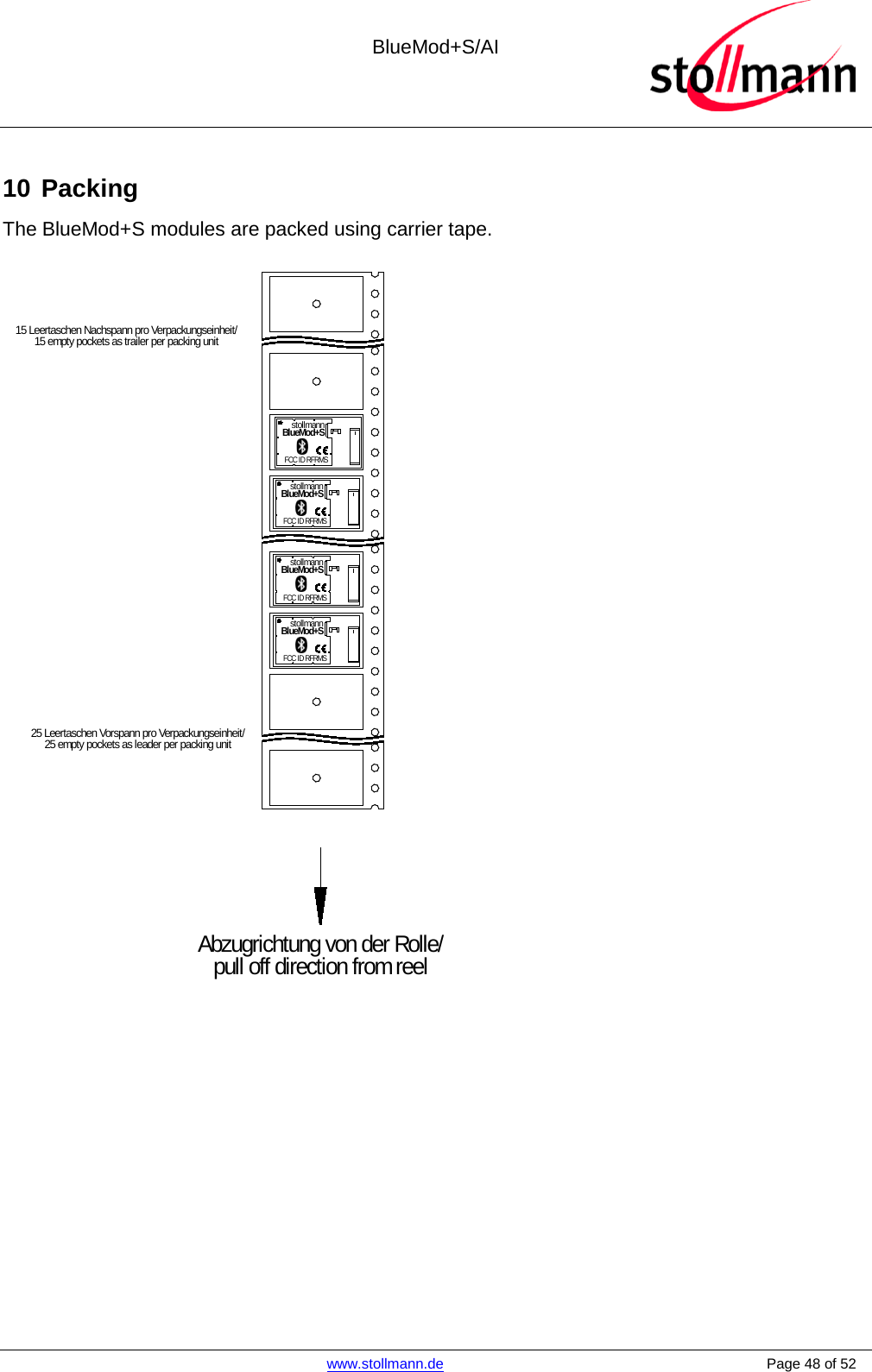  BlueMod+S/AI    www.stollmann.de    Page 48 of 52  10 Packing The BlueMod+S modules are packed using carrier tape. Abzugrichtung von der Rolle/pull off direction from reel25 Leertaschen Vorspann pro Verpackungseinheit/25 empty pockets as leader per packing unit15 Leertaschen Nachspann pro Verpackungseinheit/15 empty pockets as trailer per packing unitFCC ID RFRMSstollmannBlueMod+SstollmannBlueMod+SFCC ID RFRMSstollmannBlueMod+SFCC ID RFRMSstollmannBlueMod+SFCC ID RFRMS   