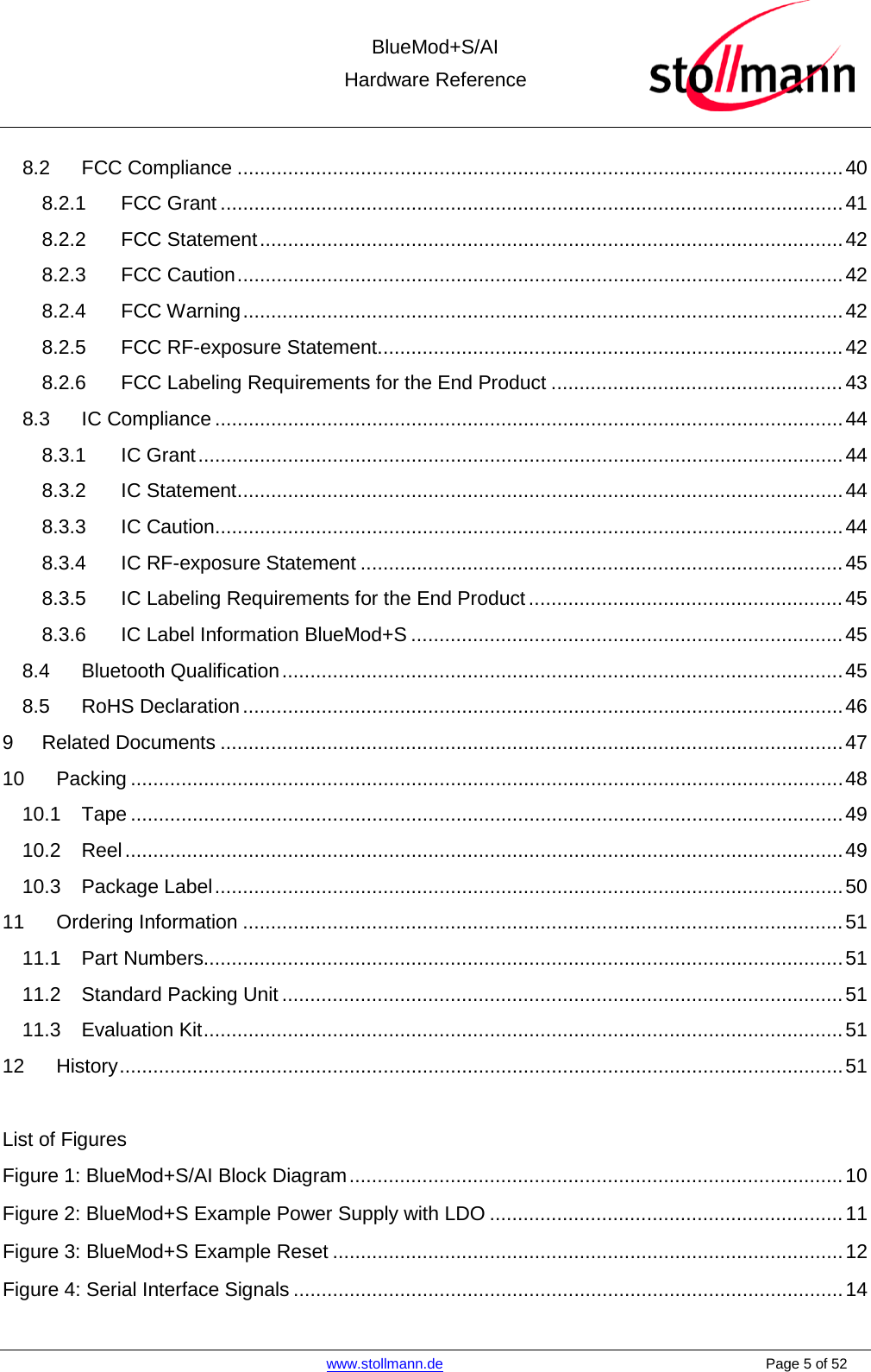  BlueMod+S/AI Hardware Reference   www.stollmann.de    Page 5 of 52  8.2 FCC Compliance ............................................................................................................ 40 8.2.1 FCC Grant ............................................................................................................... 41 8.2.2 FCC Statement ........................................................................................................ 42 8.2.3 FCC Caution ............................................................................................................ 42 8.2.4 FCC Warning ........................................................................................................... 42 8.2.5 FCC RF-exposure Statement ................................................................................... 42 8.2.6 FCC Labeling Requirements for the End Product .................................................... 43 8.3 IC Compliance ................................................................................................................ 44 8.3.1 IC Grant ................................................................................................................... 44 8.3.2 IC Statement ............................................................................................................ 44 8.3.3 IC Caution ................................................................................................................ 44 8.3.4 IC RF-exposure Statement ...................................................................................... 45 8.3.5 IC Labeling Requirements for the End Product ........................................................ 45 8.3.6 IC Label Information BlueMod+S ............................................................................. 45 8.4 Bluetooth Qualification .................................................................................................... 45 8.5 RoHS Declaration ........................................................................................................... 46 9 Related Documents ............................................................................................................... 47 10 Packing ............................................................................................................................... 48 10.1 Tape ............................................................................................................................... 49 10.2 Reel ................................................................................................................................ 49 10.3 Package Label ................................................................................................................ 50 11 Ordering Information ........................................................................................................... 51 11.1 Part Numbers.................................................................................................................. 51 11.2 Standard Packing Unit .................................................................................................... 51 11.3 Evaluation Kit .................................................................................................................. 51 12 History ................................................................................................................................. 51  List of Figures Figure 1: BlueMod+S/AI Block Diagram ........................................................................................ 10 Figure 2: BlueMod+S Example Power Supply with LDO ............................................................... 11 Figure 3: BlueMod+S Example Reset ........................................................................................... 12 Figure 4: Serial Interface Signals .................................................................................................. 14 