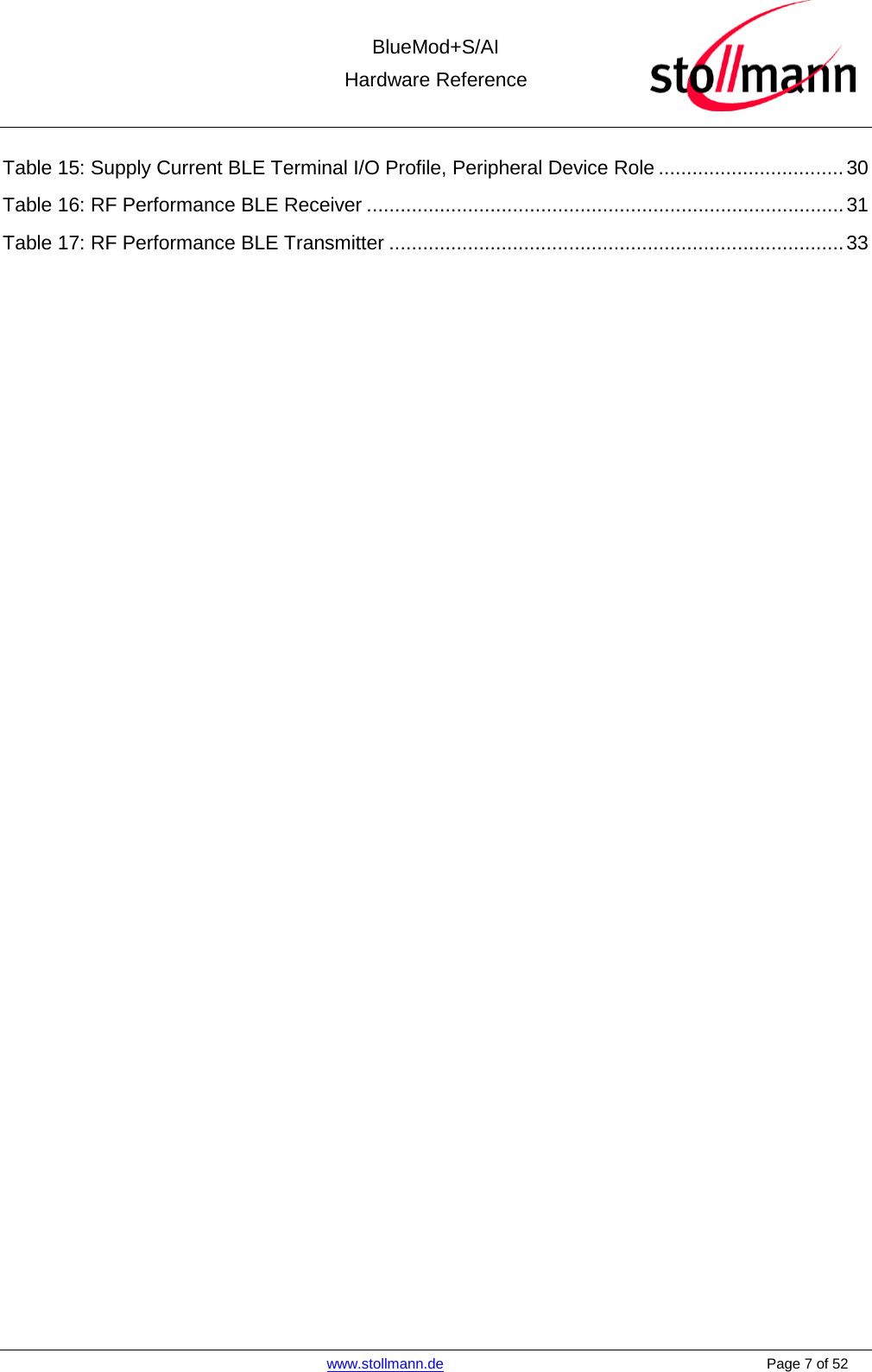  BlueMod+S/AI Hardware Reference   www.stollmann.de    Page 7 of 52  Table 15: Supply Current BLE Terminal I/O Profile, Peripheral Device Role ................................. 30 Table 16: RF Performance BLE Receiver ..................................................................................... 31 Table 17: RF Performance BLE Transmitter ................................................................................. 33   