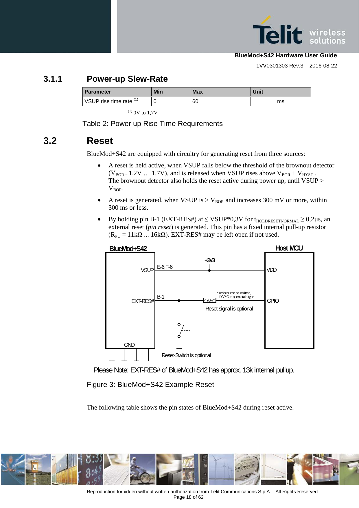    BlueMod+S42 Hardware User Guide 1VV0301303 Rev.3 – 2016-08-22  Reproduction forbidden without written authorization from Telit Communications S.p.A. - All Rights Reserved.  Page 18 of 62 3.1.1 Power-up Slew-Rate Parameter Min Max Unit VSUP rise time rate (1)  0  60 ms (1) 0V to 1,7V Table 2: Power up Rise Time Requirements 3.2  Reset BlueMod+S42 are equipped with circuitry for generating reset from three sources: • A reset is held active, when VSUP falls below the threshold of the brownout detector (VBOR = 1,2V … 1,7V), and is released when VSUP rises above VBOR + VHYST . The brownout detector also holds the reset active during power up, until VSUP &gt; VBOR. • A reset is generated, when VSUP is &gt; VBOR and increases 300 mV or more, within 300 ms or less. • By holding pin B-1 (EXT-RES#) at ≤ VSUP*0,3V for tHOLDRESETNORMAL ≥ 0,2µs, an external reset (pin reset) is generated. This pin has a fixed internal pull-up resistor (RPU = 11kΩ ... 16kΩ). EXT-RES# may be left open if not used. BlueMod+S42E-6,F-6VSUPGND+3V3EXT-RES# B-1Reset-Switch is optionalPlease Note: EXT-RES# of BlueMod+S42 has approx. 13k internal pullup.470R*Reset signal is optionalHost MCUGPIOVDD* resistor can be omitted,  if GPIO is open drain type   Figure 3: BlueMod+S42 Example Reset  The following table shows the pin states of BlueMod+S42 during reset active. 