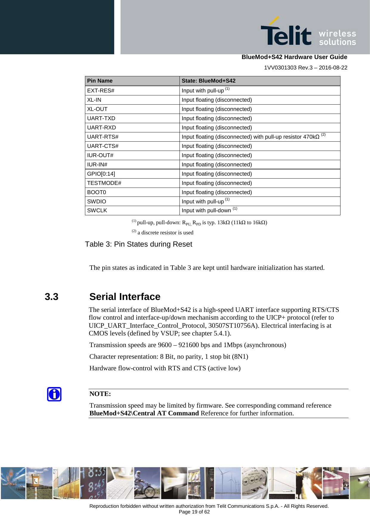    BlueMod+S42 Hardware User Guide 1VV0301303 Rev.3 – 2016-08-22  Reproduction forbidden without written authorization from Telit Communications S.p.A. - All Rights Reserved.  Page 19 of 62 Pin Name State: BlueMod+S42 EXT-RES#  Input with pull-up (1) XL-IN Input floating (disconnected) XL-OUT Input floating (disconnected) UART-TXD Input floating (disconnected) UART-RXD  Input floating (disconnected) UART-RTS# Input floating (disconnected) with pull-up resistor 470kΩ (2) UART-CTS# Input floating (disconnected) IUR-OUT# Input floating (disconnected) IUR-IN# Input floating (disconnected) GPIO[0:14]  Input floating (disconnected) TESTMODE#  Input floating (disconnected) BOOT0 Input floating (disconnected) SWDIO Input with pull-up (1) SWCLK Input with pull-down (1)  (1) pull-up, pull-down: RPU, RPD is typ. 13kΩ (11kΩ to 16kΩ) (2) a discrete resistor is used Table 3: Pin States during Reset   The pin states as indicated in Table 3 are kept until hardware initialization has started.  3.3  Serial Interface The serial interface of BlueMod+S42 is a high-speed UART interface supporting RTS/CTS flow control and interface-up/down mechanism according to the UICP+ protocol (refer to UICP_UART_Interface_Control_Protocol, 30507ST10756A). Electrical interfacing is at CMOS levels (defined by VSUP; see chapter 5.4.1). Transmission speeds are 9600 – 921600 bps and 1Mbps (asynchronous) Character representation: 8 Bit, no parity, 1 stop bit (8N1) Hardware flow-control with RTS and CTS (active low)  NOTE: Transmission speed may be limited by firmware. See corresponding command reference BlueMod+S42\Central AT Command Reference for further information.   