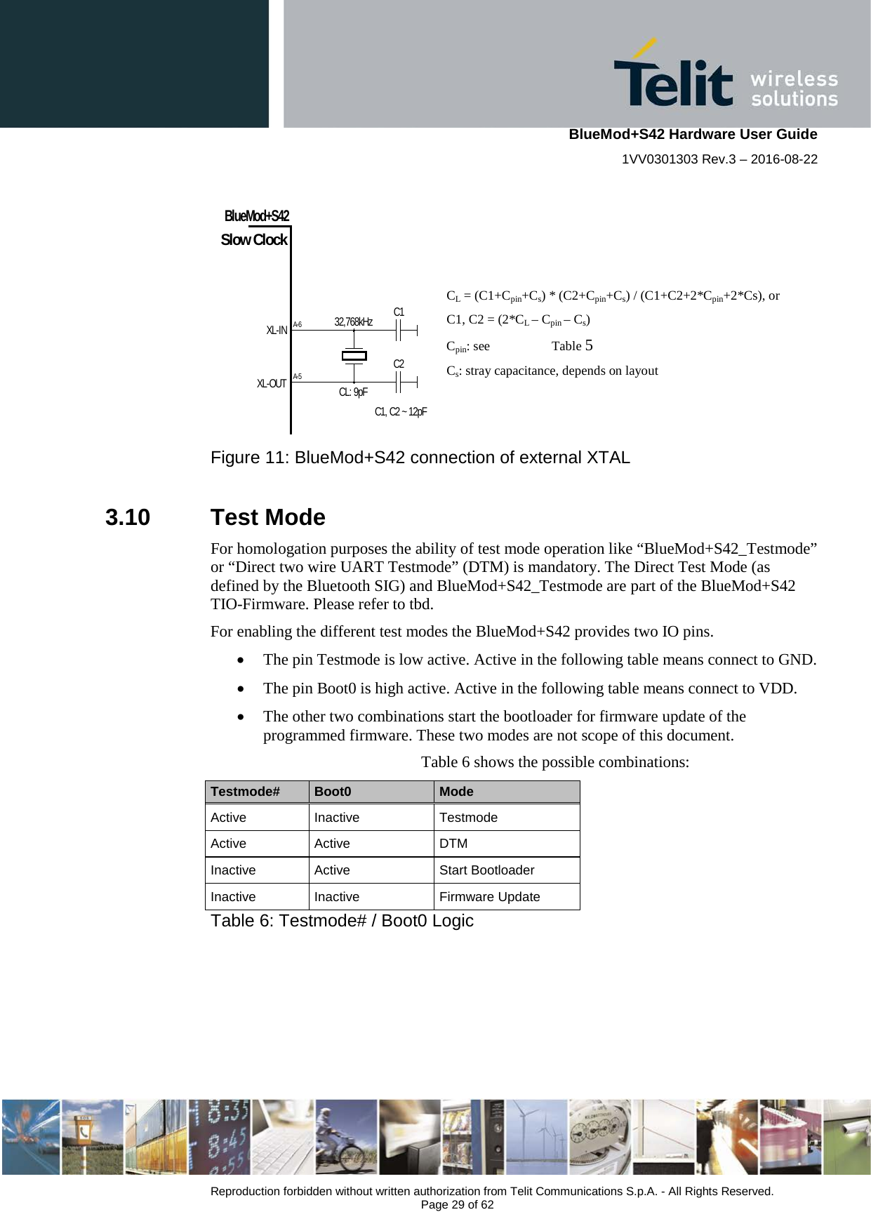    BlueMod+S42 Hardware User Guide 1VV0301303 Rev.3 – 2016-08-22  Reproduction forbidden without written authorization from Telit Communications S.p.A. - All Rights Reserved.  Page 29 of 62     CL = (C1+Cpin+Cs) * (C2+Cpin+Cs) / (C1+C2+2*Cpin+2*Cs), or C1, C2 = (2*CL – Cpin – Cs) Cpin: see  Table 5 Cs: stray capacitance, depends on layout          Figure 11: BlueMod+S42 connection of external XTAL  3.10  Test Mode For homologation purposes the ability of test mode operation like “BlueMod+S42_Testmode” or “Direct two wire UART Testmode” (DTM) is mandatory. The Direct Test Mode (as defined by the Bluetooth SIG) and BlueMod+S42_Testmode are part of the BlueMod+S42 TIO-Firmware. Please refer to tbd. For enabling the different test modes the BlueMod+S42 provides two IO pins. • The pin Testmode is low active. Active in the following table means connect to GND. • The pin Boot0 is high active. Active in the following table means connect to VDD. • The other two combinations start the bootloader for firmware update of the programmed firmware. These two modes are not scope of this document.   Table 6 shows the possible combinations: Testmode# Boot0 Mode Active Inactive Testmode Active Active DTM Inactive Active Start Bootloader Inactive Inactive Firmware Update   Table 6: Testmode# / Boot0 Logic    XL-INBlueMod+S42A-6Slow ClockXL-OUTA-532,768kHzCL: 9pFC1C2C1, C2 ~ 12pF