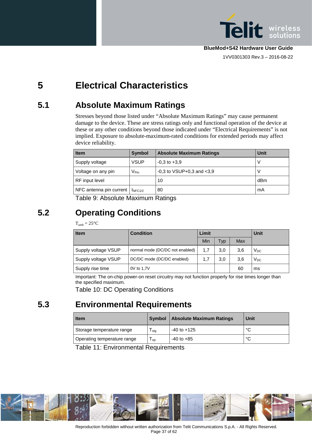    BlueMod+S42 Hardware User Guide 1VV0301303 Rev.3 – 2016-08-22  Reproduction forbidden without written authorization from Telit Communications S.p.A. - All Rights Reserved.  Page 37 of 62 5  Electrical Characteristics 5.1  Absolute Maximum Ratings Stresses beyond those listed under “Absolute Maximum Ratings” may cause permanent damage to the device. These are stress ratings only and functional operation of the device at these or any other conditions beyond those indicated under “Electrical Requirements” is not implied. Exposure to absolute-maximum-rated conditions for extended periods may affect device reliability. Item Symbol Absolute Maximum Ratings Unit Supply voltage  VSUP  -0,3 to +3,9  V Voltage on any pin  VPin  -0,3 to VSUP+0,3 and &lt;3,9  V RF input level  10  dBm NFC antenna pin current  INFC1/2 80 mA   Table 9: Absolute Maximum Ratings 5.2  Operating Conditions Tamb = 25°C Item Condition Limit Unit     Min Typ Max   Supply voltage VSUP normal mode (DC/DC not enabled) 1,7  3,0 3,6  VDC Supply voltage VSUP DC/DC mode (DC/DC enabled) 1,7 3,0 3,6  VDC Supply rise time 0V to 1,7V     60 ms Important: The on-chip power-on reset circuitry may not function properly for rise times longer than the specified maximum.   Table 10: DC Operating Conditions 5.3  Environmental Requirements Item  Symbol Absolute Maximum Ratings Unit Storage temperature range  Tstg  -40 to +125  °C Operating temperature range   Top  -40 to +85  °C   Table 11: Environmental Requirements  