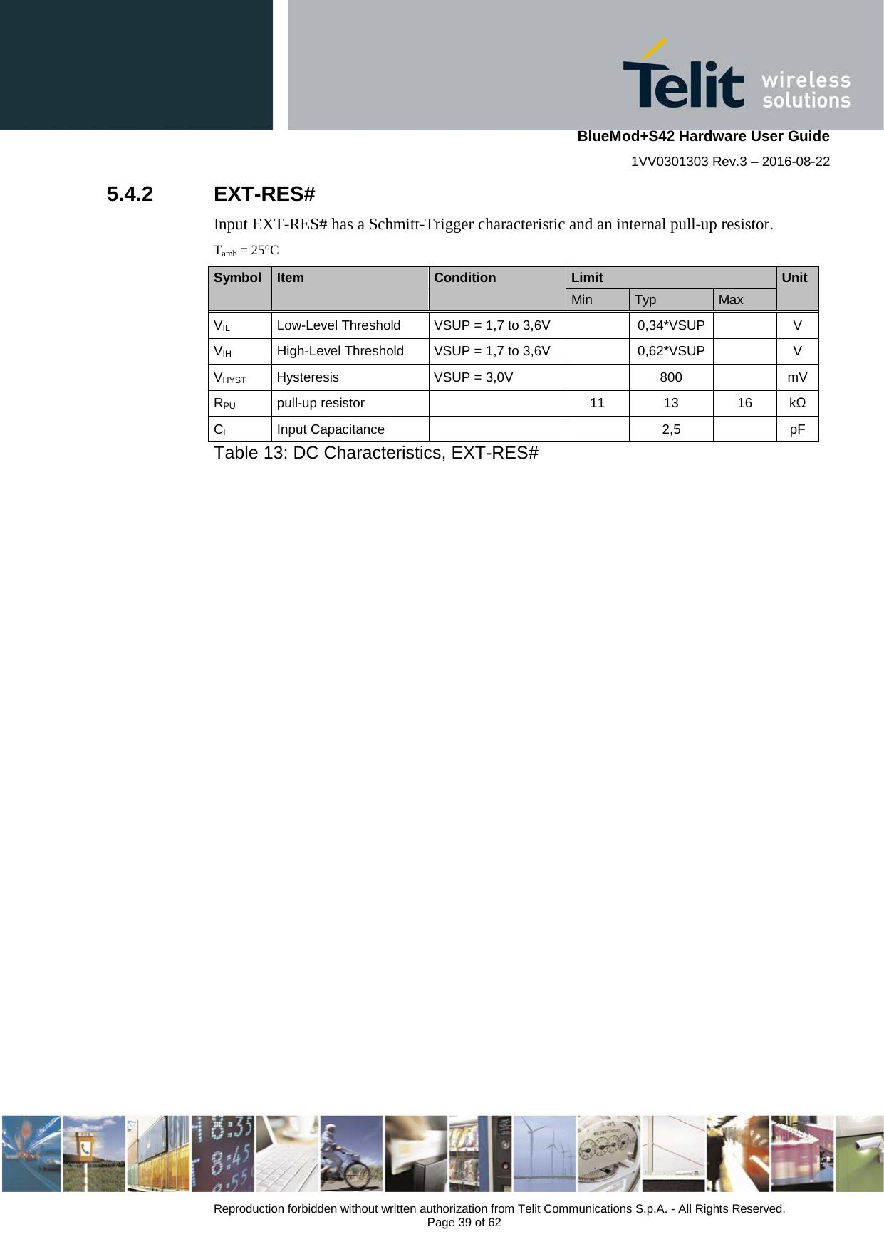    BlueMod+S42 Hardware User Guide 1VV0301303 Rev.3 – 2016-08-22  Reproduction forbidden without written authorization from Telit Communications S.p.A. - All Rights Reserved.  Page 39 of 62 5.4.2  EXT-RES# Input EXT-RES# has a Schmitt-Trigger characteristic and an internal pull-up resistor. Tamb = 25°C Symbol  Item  Condition Limit Unit       Min Typ Max   VIL Low-Level Threshold VSUP = 1,7 to 3,6V    0,34*VSUP    V VIH High-Level Threshold VSUP = 1,7 to 3,6V    0,62*VSUP    V VHYST Hysteresis VSUP = 3,0V    800    mV RPU pull-up resistor    11 13 16  kΩ Cl Input Capacitance      2,5    pF   Table 13: DC Characteristics, EXT-RES#    