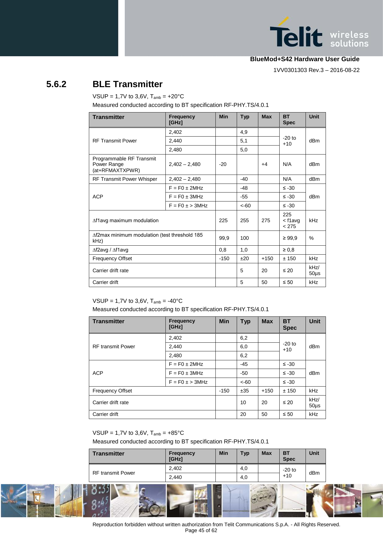    BlueMod+S42 Hardware User Guide 1VV0301303 Rev.3 – 2016-08-22  Reproduction forbidden without written authorization from Telit Communications S.p.A. - All Rights Reserved.  Page 45 of 62 5.6.2 BLE Transmitter VSUP = 1,7V to 3,6V, Tamb = +20°C Measured conducted according to BT specification RF-PHY.TS/4.0.1 Transmitter Frequency [GHz] Min Typ Max BT Spec Unit RF Transmit Power 2,402    4,9    -20 to +10 dBm 2,440    5,1   2,480    5,0   Programmable RF Transmit Power Range (at+RFMAXTXPWR) 2,402 – 2,480  -20    +4 N/A dBm RF Transmit Power Whisper 2,402 – 2,480    -40    N/A dBm ACP F = F0 ± 2MHz    -48    ≤ -30 dBm F = F0 ± 3MHz    -55    ≤ -30 F = F0 ± &gt; 3MHz    &lt;-60    ≤ -30 ∆f1avg maximum modulation 225  255 275 225 &lt; f1avg &lt; 275 kHz ∆f2max minimum modulation (test threshold 185 kHz) 99,9 100    ≥ 99,9  % ∆f2avg / ∆f1avg  0,8 1,0    ≥ 0,8   Frequency Offset  -150 ±20 +150 ± 150 kHz Carrier drift rate    5  20 ≤ 20 kHz/ 50µs Carrier drift    5  50 ≤ 50 kHz  VSUP = 1,7V to 3,6V, Tamb = -40°C Measured conducted according to BT specification RF-PHY.TS/4.0.1 Transmitter Frequency [GHz]  Min Typ Max BT Spec  Unit RF transmit Power 2,402    6,2    -20 to +10 dBm 2,440    6,0   2,480    6,2   ACP F = F0 ± 2MHz    -45    ≤ -30 dBm F = F0 ± 3MHz    -50    ≤ -30 F = F0 ± &gt; 3MHz    &lt;-60    ≤ -30 Frequency Offset  -150  ±35 +150 ± 150 kHz Carrier drift rate    10 20 ≤ 20 kHz/ 50µs Carrier drift    20  50 ≤ 50 kHz  VSUP = 1,7V to 3,6V, Tamb = +85°C  Measured conducted according to BT specification RF-PHY.TS/4.0.1 Transmitter Frequency [GHz]  Min Typ Max BT Spec Unit RF transmit Power 2,402    4,0    -20 to +10 dBm 2,440    4,0   