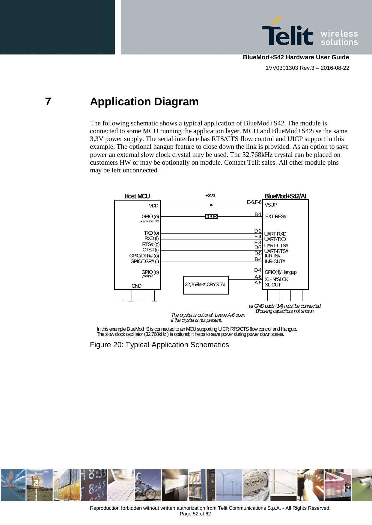    BlueMod+S42 Hardware User Guide 1VV0301303 Rev.3 – 2016-08-22  Reproduction forbidden without written authorization from Telit Communications S.p.A. - All Rights Reserved.  Page 52 of 62 7  Application Diagram The following schematic shows a typical application of BlueMod+S42. The module is connected to some MCU running the application layer. MCU and BlueMod+S42use the same 3,3V power supply. The serial interface has RTS/CTS flow control and UICP support in this example. The optional hangup feature to close down the link is provided. As an option to save power an external slow clock crystal may be used. The 32,768kHz crystal can be placed on customers HW or may be optionally on module. Contact Telit sales. All other module pins may be left unconnected.  Host MCUVDDGND+3V3GPIO (o)In this example BlueMod+S is connected to an MCU supporting UICP, RTS/CTS flow control and Hangup.The slow clock oscillator (32,768kHz ) is optional; it helps to save power during power down states.470RBlueMod+S42/AIE-6,F-6 VSUPB-1 EXT-RES#UART-RXDUART-TXDUART-CTS#UART-RTS#GPIO[4]/HangupTXD (o)RXD (i)RTS# (o)CTS# (i)GPIO (o)XL-IN/SLCK32,768kHz CRYSTAL  The crystal is optional. Leave A-6 openif the crystal is not present.B-4D-4A-6all GND pads (14) must be connected.Blocking capacitors not shown.pushpull or ODpushpullA-5 XL-OUTD-2F-4F-3D-7IUR-IN#D-5IUR-OUT#GPIO/DTR# (o)GPIO/DSR# (i)   Figure 20: Typical Application Schematics    