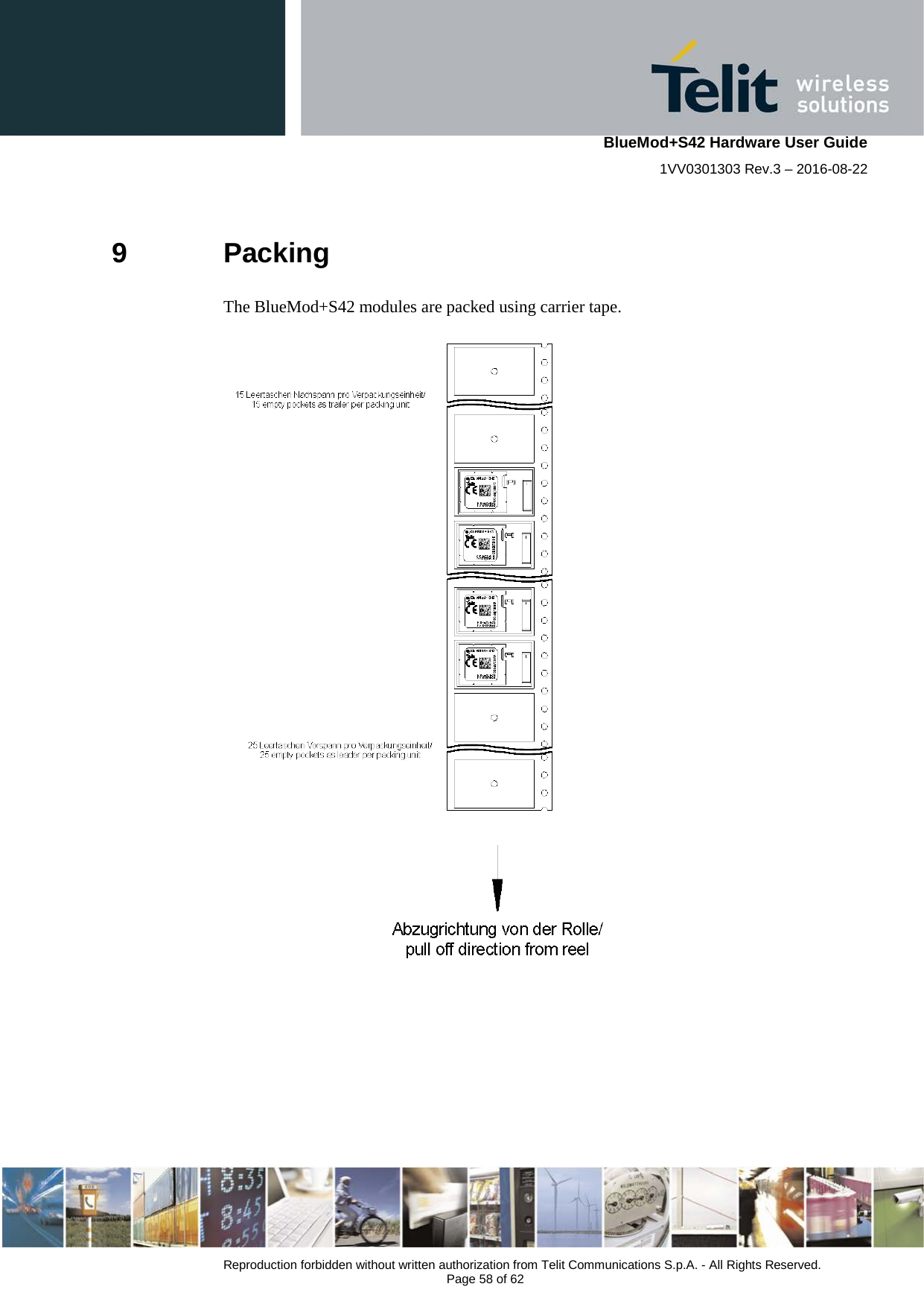    BlueMod+S42 Hardware User Guide 1VV0301303 Rev.3 – 2016-08-22  Reproduction forbidden without written authorization from Telit Communications S.p.A. - All Rights Reserved.  Page 58 of 62 9  Packing The BlueMod+S42 modules are packed using carrier tape.    