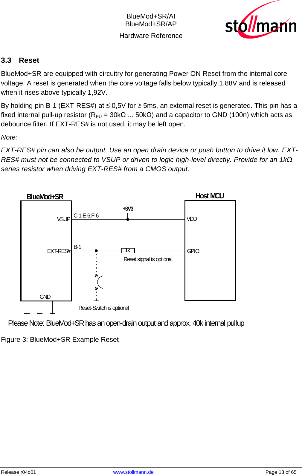  BlueMod+SR/AI BlueMod+SR/AP Hardware Reference  Release r04d01 www.stollmann.de    Page 13 of 65  3.3 Reset BlueMod+SR are equipped with circuitry for generating Power ON Reset from the internal core voltage. A reset is generated when the core voltage falls below typically 1,88V and is released when it rises above typically 1,92V. By holding pin B-1 (EXT-RES#) at ≤ 0,5V for ≥ 5ms, an external reset is generated. This pin has a fixed internal pull-up resistor (RPU = 30kΩ ... 50kΩ) and a capacitor to GND (100n) which acts as debounce filter. If EXT-RES# is not used, it may be left open. Note: EXT-RES# pin can also be output. Use an open drain device or push button to drive it low. EXT-RES# must not be connected to VSUP or driven to logic high-level directly. Provide for an 1kΩ series resistor when driving EXT-RES# from a CMOS output.  BlueMod+SRC-1,E-6,F-6VSUPGND+3V3EXT-RES# B-1Reset-Switch is optionalPlease Note: BlueMod+SR has an open-drain output and approx. 40k internal pullup1kReset signal is optionalHost MCUGPIOVDD Figure 3: BlueMod+SR Example Reset  