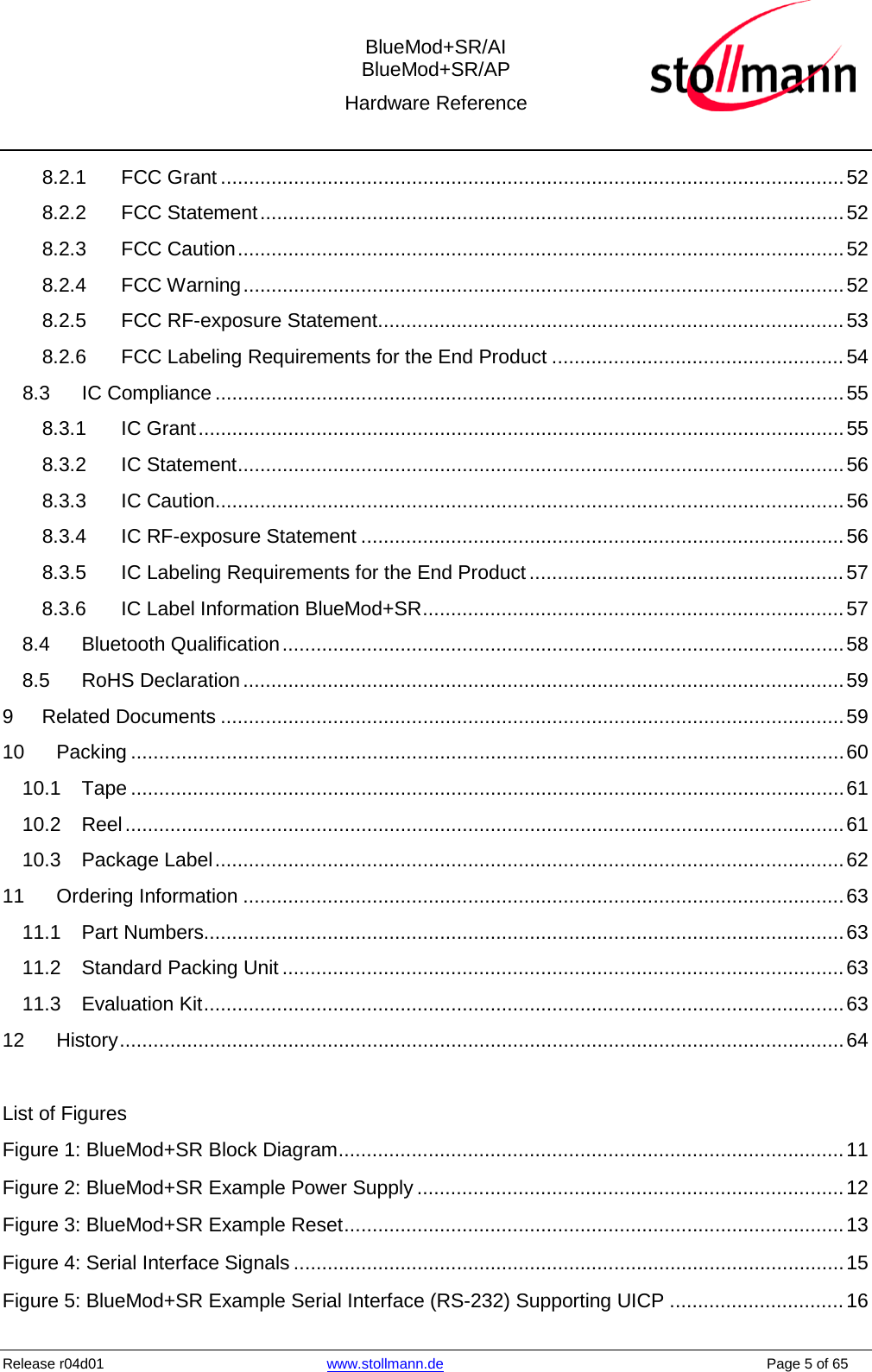  BlueMod+SR/AI BlueMod+SR/AP Hardware Reference  Release r04d01 www.stollmann.de    Page 5 of 65  8.2.1 FCC Grant ............................................................................................................... 52 8.2.2 FCC Statement ........................................................................................................ 52 8.2.3 FCC Caution ............................................................................................................ 52 8.2.4 FCC Warning ........................................................................................................... 52 8.2.5 FCC RF-exposure Statement ................................................................................... 53 8.2.6 FCC Labeling Requirements for the End Product .................................................... 54 8.3 IC Compliance ................................................................................................................ 55 8.3.1 IC Grant ................................................................................................................... 55 8.3.2 IC Statement ............................................................................................................ 56 8.3.3 IC Caution ................................................................................................................ 56 8.3.4 IC RF-exposure Statement ...................................................................................... 56 8.3.5 IC Labeling Requirements for the End Product ........................................................ 57 8.3.6 IC Label Information BlueMod+SR ........................................................................... 57 8.4 Bluetooth Qualification .................................................................................................... 58 8.5 RoHS Declaration ........................................................................................................... 59 9 Related Documents ............................................................................................................... 59 10 Packing ............................................................................................................................... 60 10.1 Tape ............................................................................................................................... 61 10.2 Reel ................................................................................................................................ 61 10.3 Package Label ................................................................................................................ 62 11 Ordering Information ........................................................................................................... 63 11.1 Part Numbers.................................................................................................................. 63 11.2 Standard Packing Unit .................................................................................................... 63 11.3 Evaluation Kit .................................................................................................................. 63 12 History ................................................................................................................................. 64  List of Figures Figure 1: BlueMod+SR Block Diagram .......................................................................................... 11 Figure 2: BlueMod+SR Example Power Supply ............................................................................ 12 Figure 3: BlueMod+SR Example Reset ......................................................................................... 13 Figure 4: Serial Interface Signals .................................................................................................. 15 Figure 5: BlueMod+SR Example Serial Interface (RS-232) Supporting UICP ............................... 16 