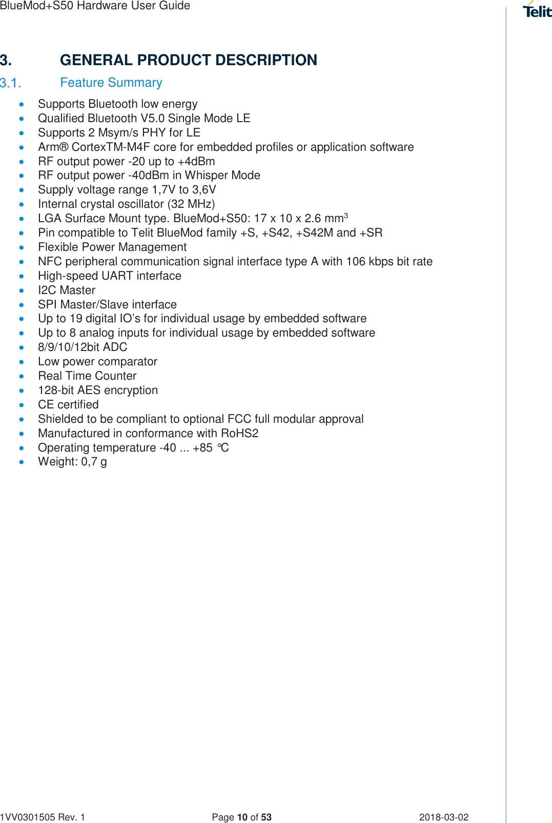 Page 10 of Telit Wireless Solutions S50 Bluetooth 5 LE Module User Manual BlueMod S50 Hardware User Guide