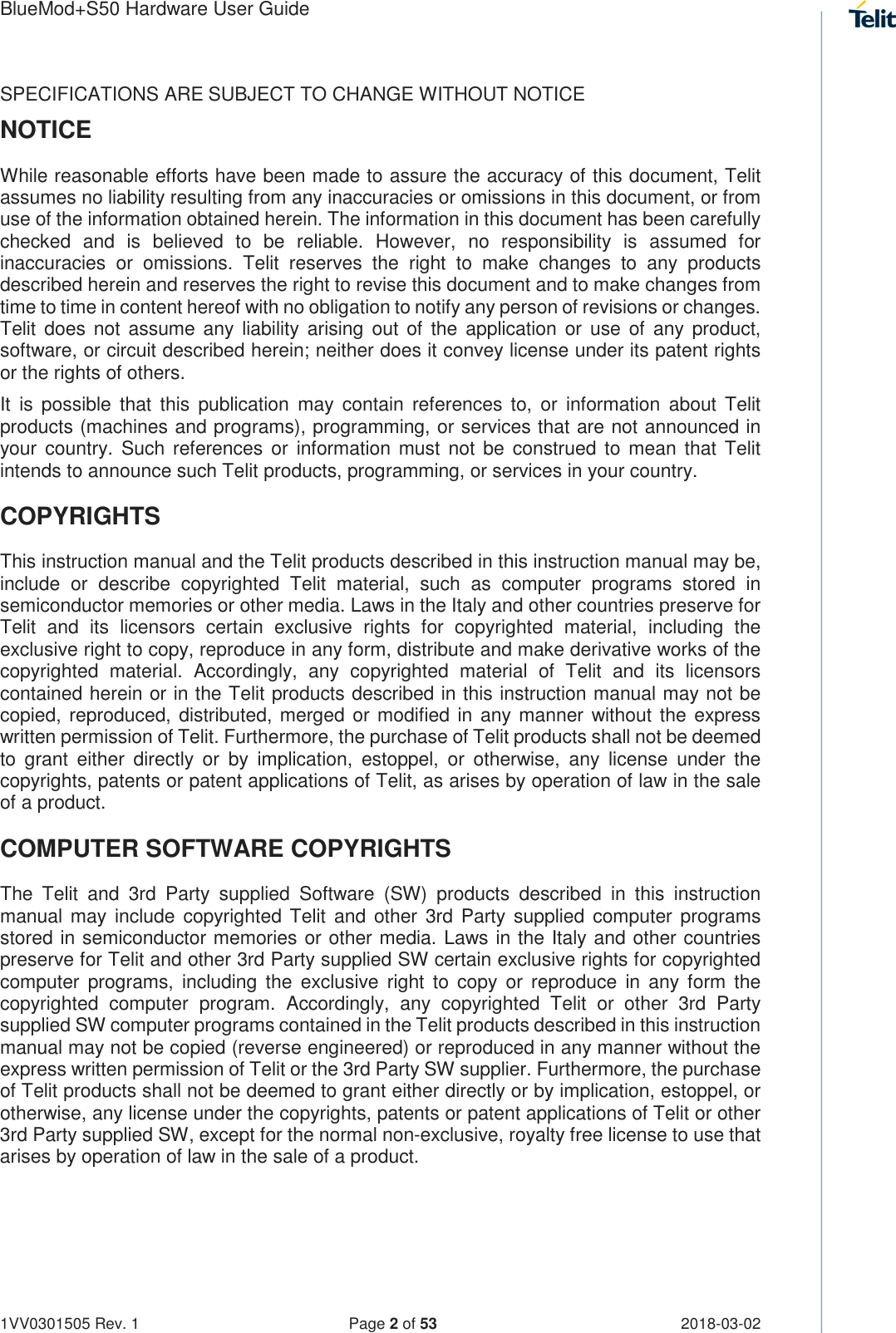 Page 2 of Telit Wireless Solutions S50 Bluetooth 5 LE Module User Manual BlueMod S50 Hardware User Guide