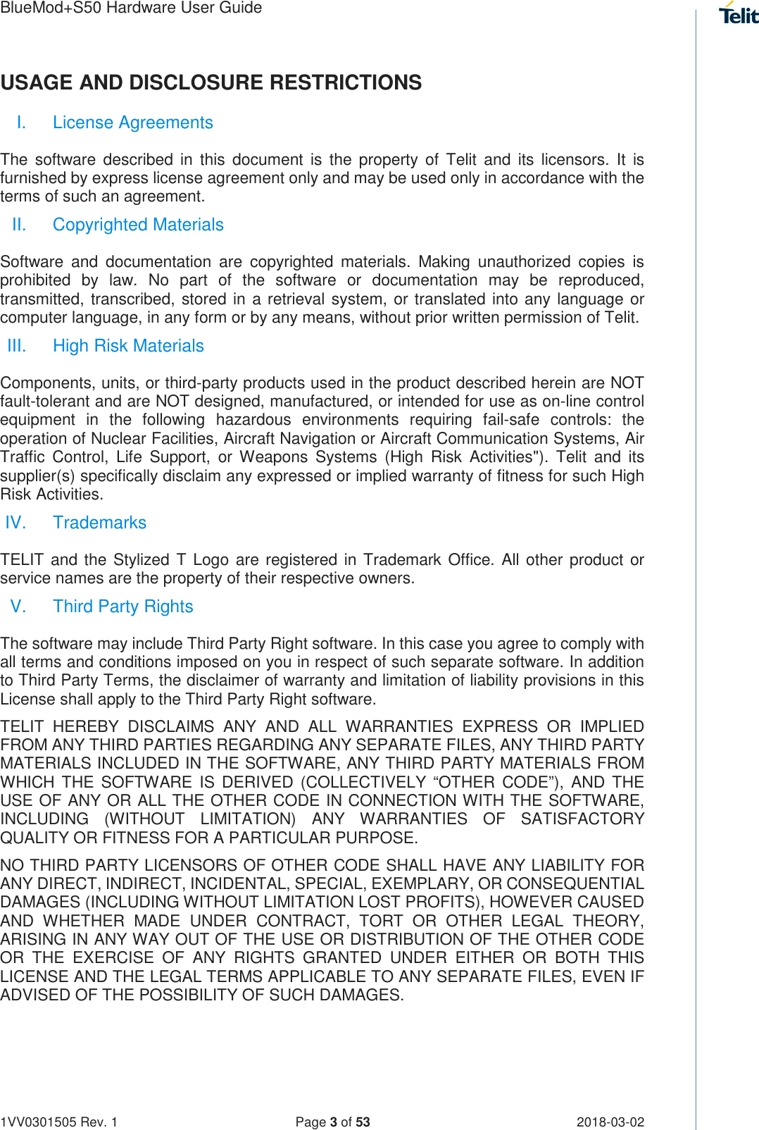 Page 3 of Telit Wireless Solutions S50 Bluetooth 5 LE Module User Manual BlueMod S50 Hardware User Guide