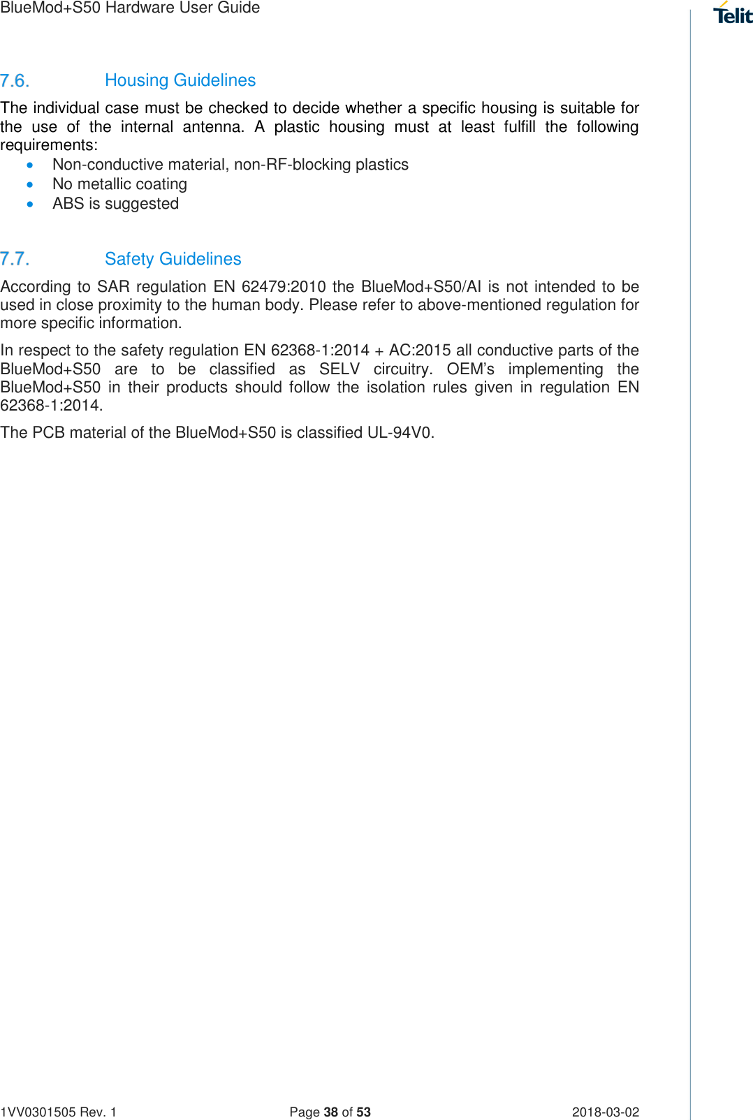 Page 38 of Telit Wireless Solutions S50 Bluetooth 5 LE Module User Manual BlueMod S50 Hardware User Guide