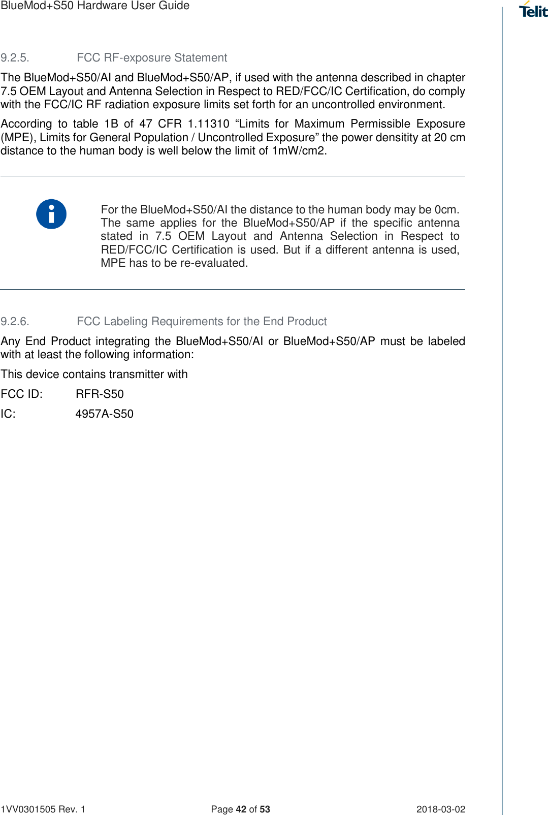 Page 42 of Telit Wireless Solutions S50 Bluetooth 5 LE Module User Manual BlueMod S50 Hardware User Guide