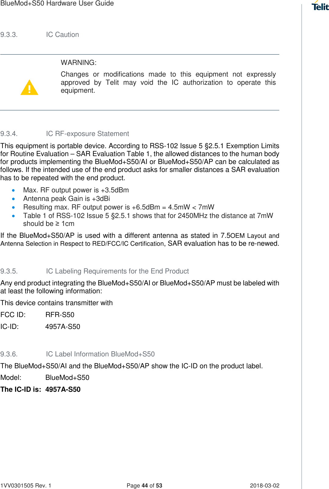 Page 44 of Telit Wireless Solutions S50 Bluetooth 5 LE Module User Manual BlueMod S50 Hardware User Guide