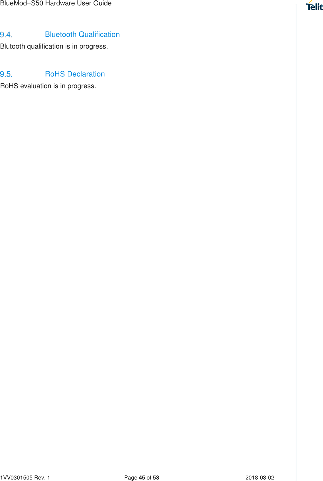 Page 45 of Telit Wireless Solutions S50 Bluetooth 5 LE Module User Manual BlueMod S50 Hardware User Guide