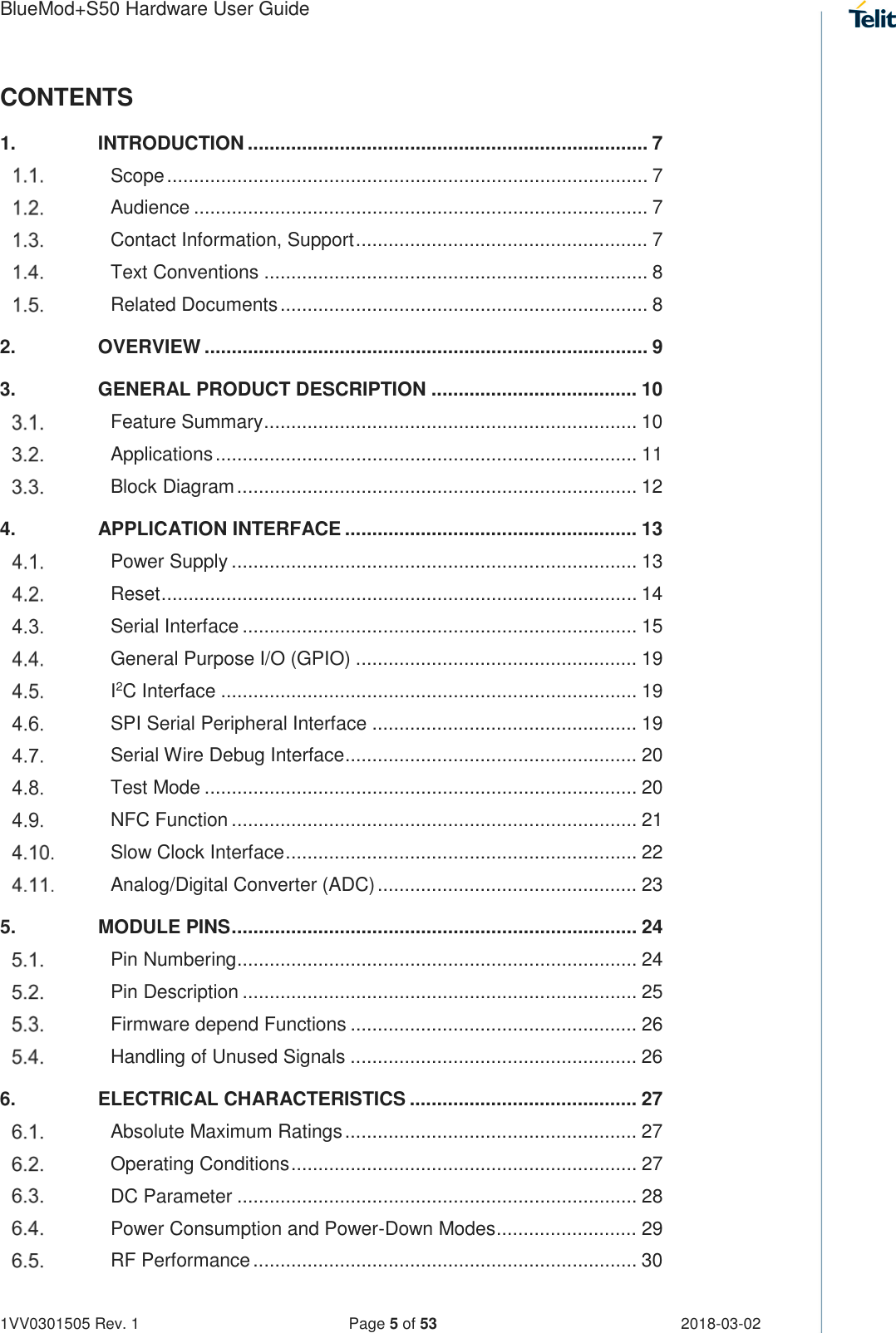 Page 5 of Telit Wireless Solutions S50 Bluetooth 5 LE Module User Manual BlueMod S50 Hardware User Guide