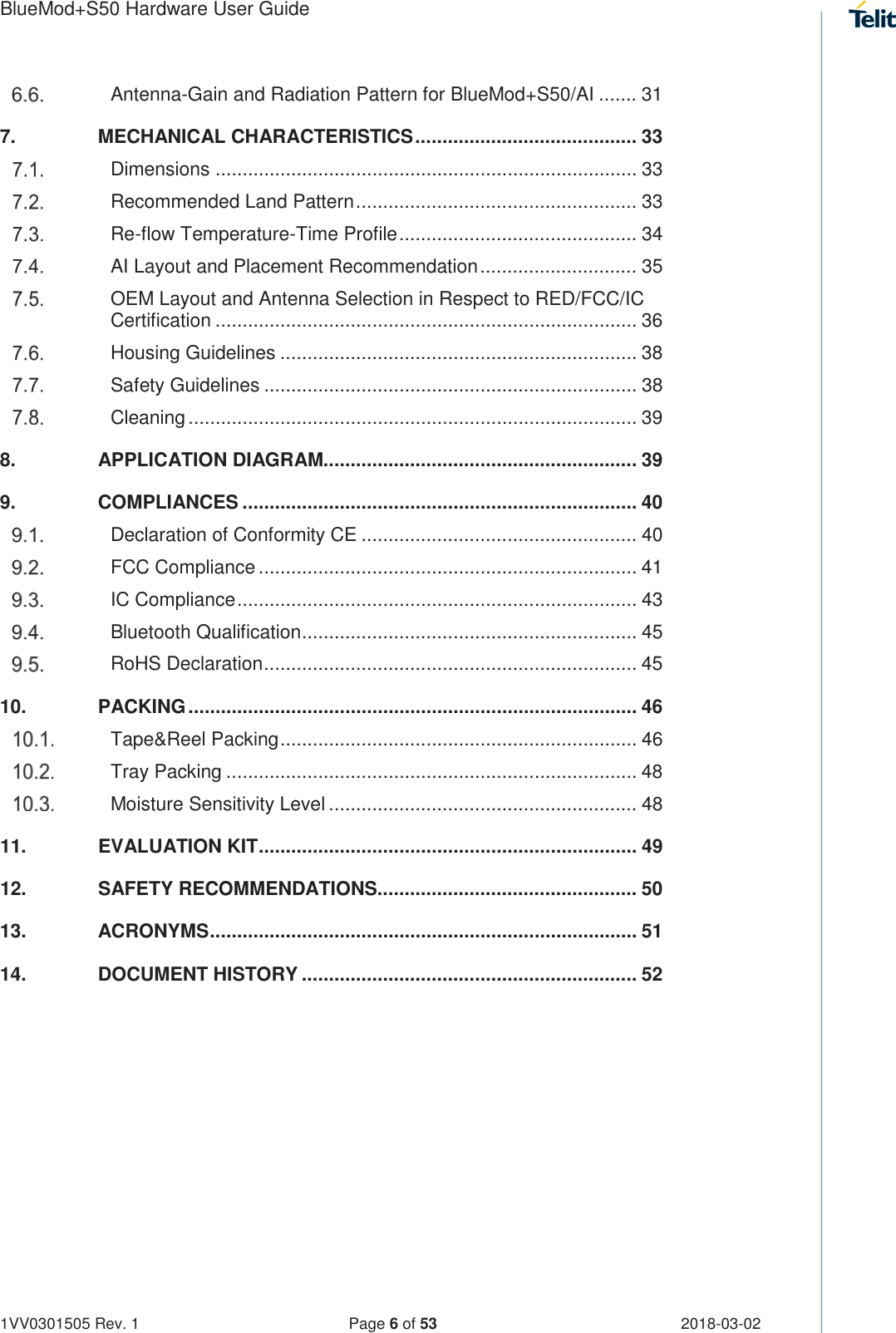 Page 6 of Telit Wireless Solutions S50 Bluetooth 5 LE Module User Manual BlueMod S50 Hardware User Guide