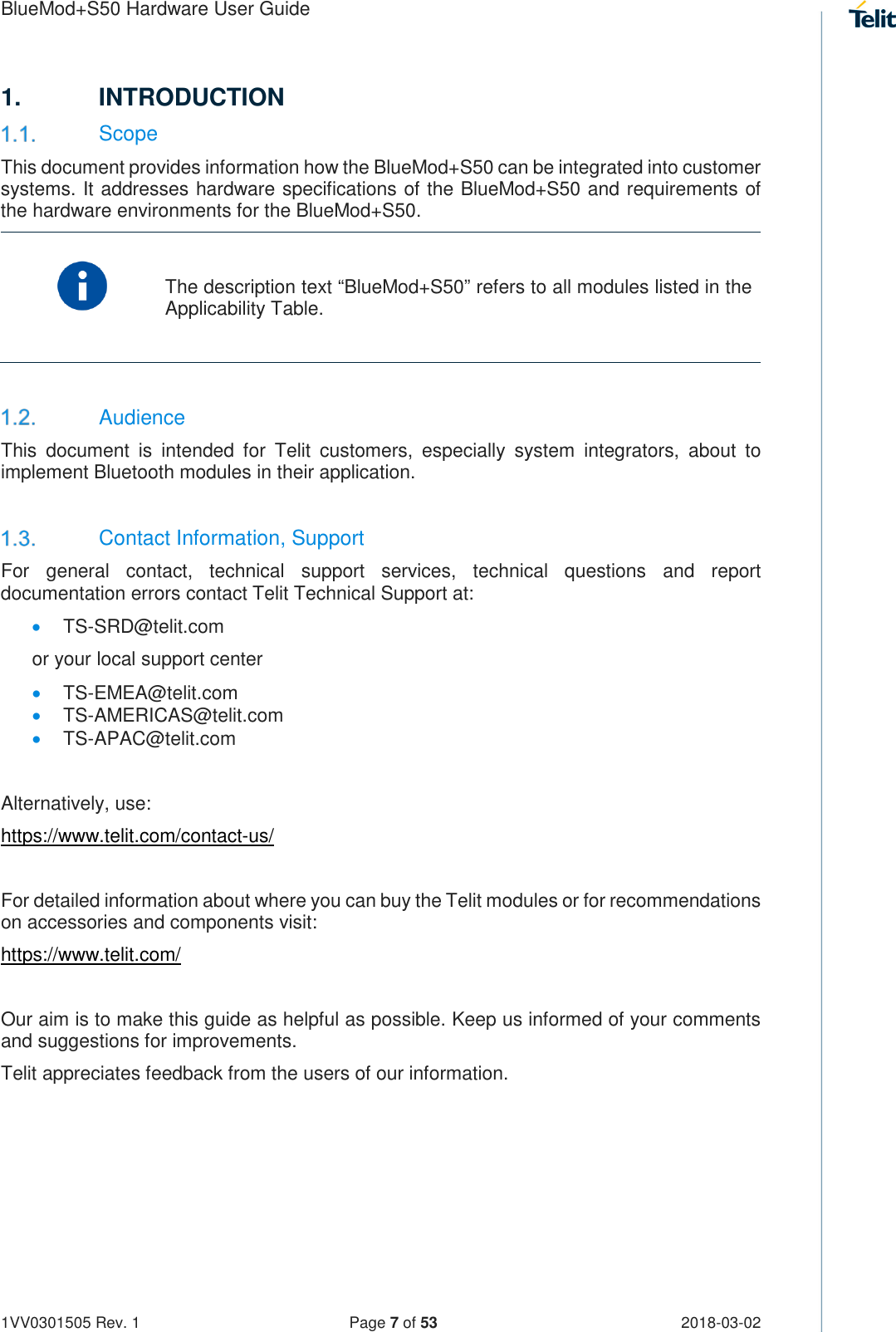 Page 7 of Telit Wireless Solutions S50 Bluetooth 5 LE Module User Manual BlueMod S50 Hardware User Guide