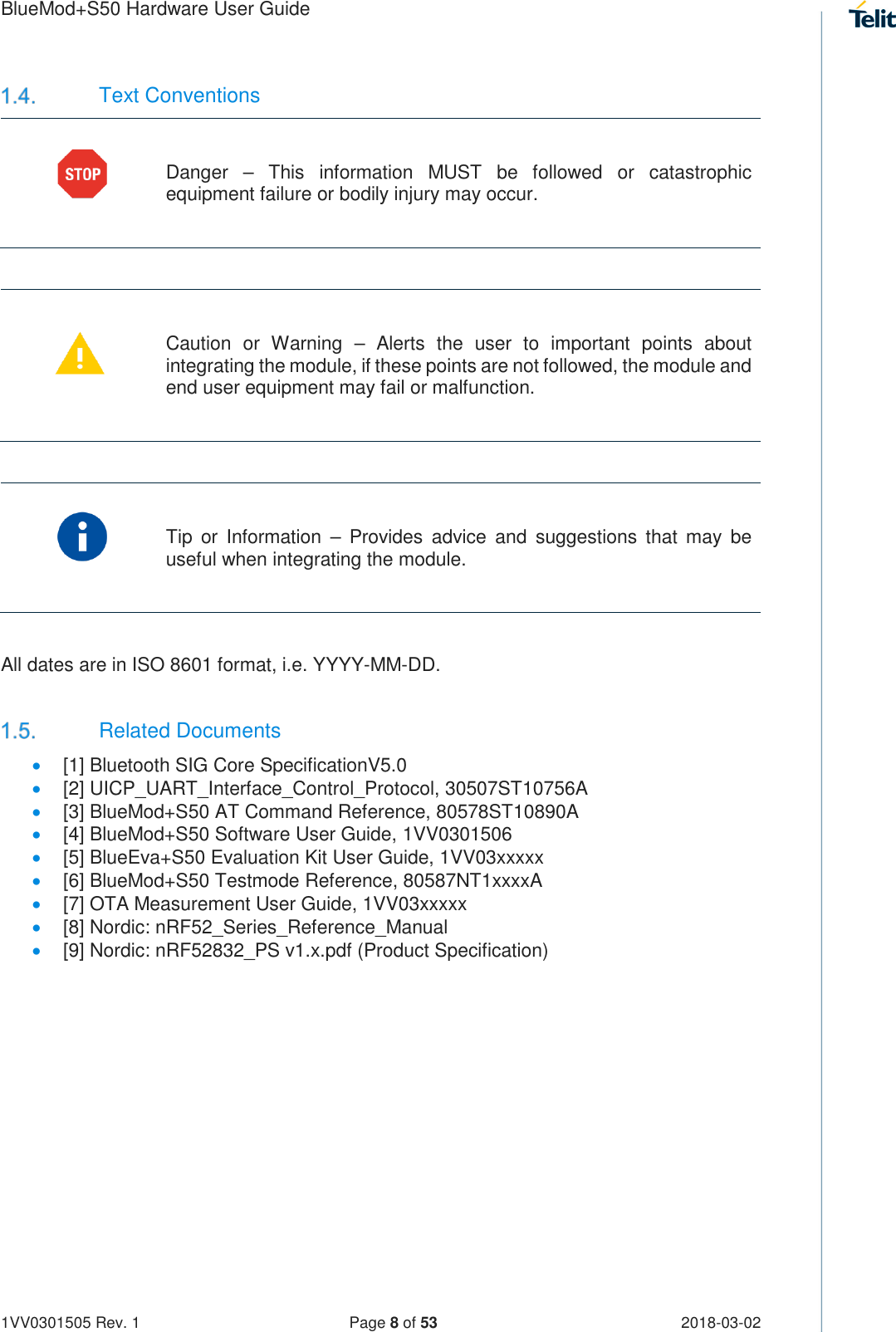 Page 8 of Telit Wireless Solutions S50 Bluetooth 5 LE Module User Manual BlueMod S50 Hardware User Guide