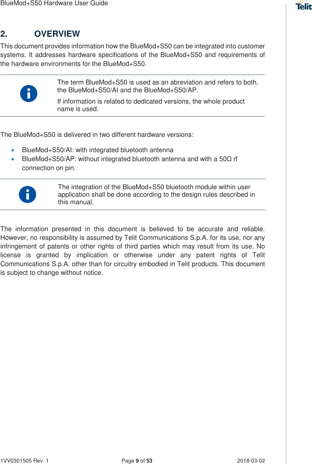 Page 9 of Telit Wireless Solutions S50 Bluetooth 5 LE Module User Manual BlueMod S50 Hardware User Guide