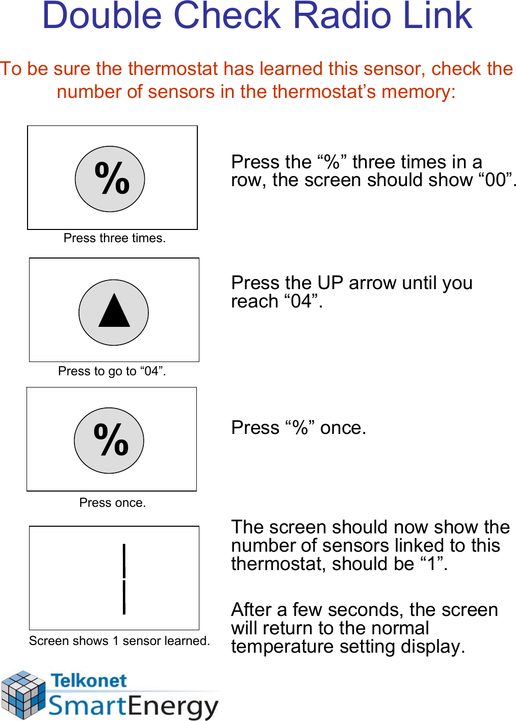 Double Check Radio Link%Press three times.Press to go to “04”.%Press once.Screen shows 1 sensor learned.Press the “%” three times in a row, the screen should show “00”. Press the UP arrow until you reach “04”.Press “%” once.The screen should now show the number of sensors linked to this thermostat, should be “1”.After a few seconds, the screen will return to the normal temperature setting display.To be sure the thermostat has learned this sensor, check the number of sensors in the thermostat’s memory: