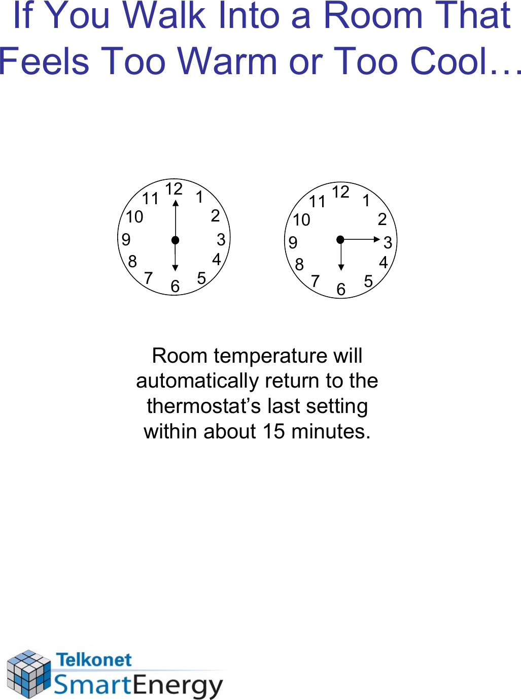 If You Walk Into a Room That Feels Too Warm or Too Cool…Room temperature will automatically return to the thermostat’s last setting within about 15 minutes.1234567891011 121234567891011 12