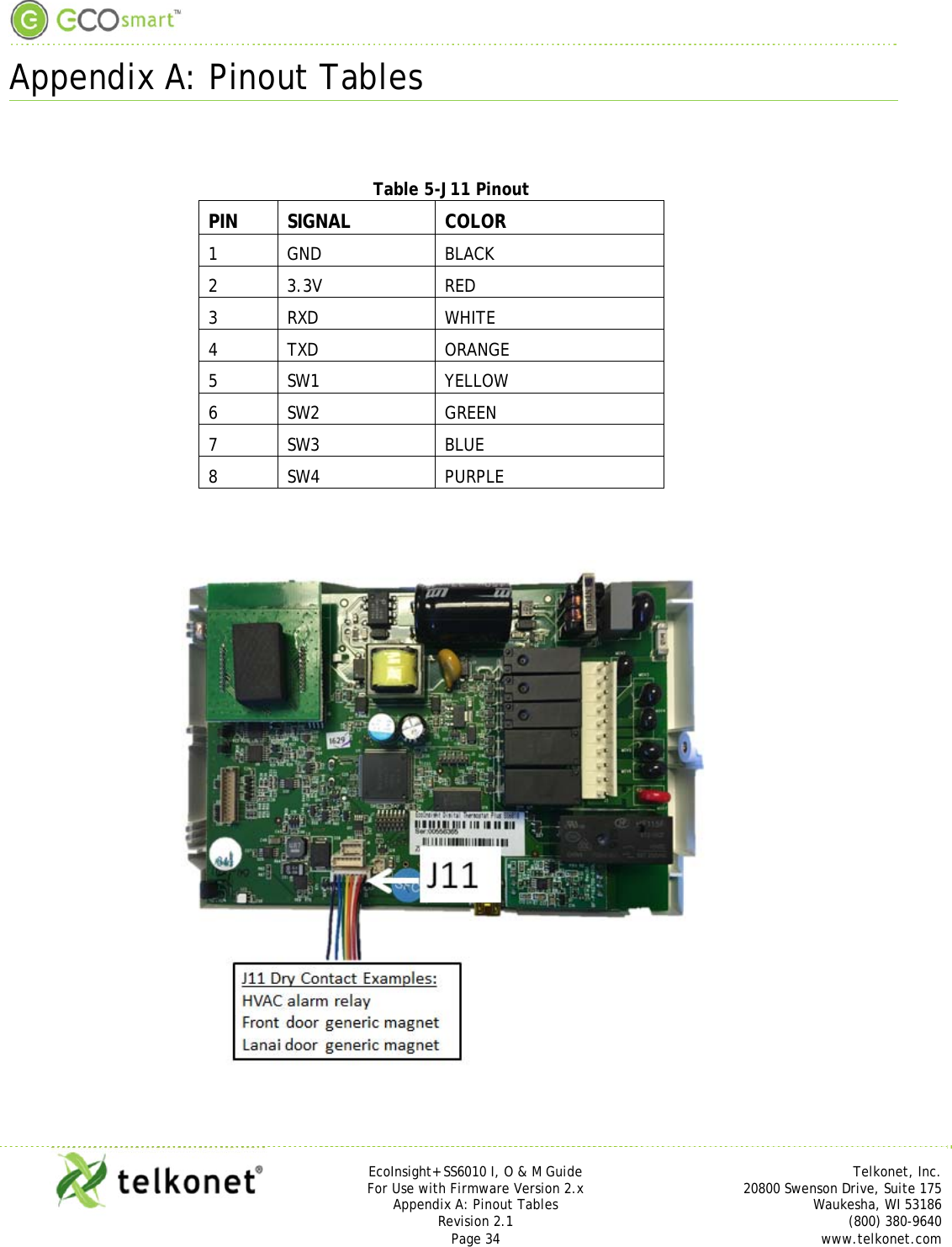  Appendix A: Pinout Tables     EcoInsight+ SS6010 I, O &amp; M Guide Telkonet, Inc. For Use with Firmware Version 2.x 20800 Swenson Drive, Suite 175 Appendix A: Pinout Tables Waukesha, WI 53186 Revision 2.1   (800) 380-9640 Page 34  www.telkonet.com   Table 5-J11 Pinout PIN SIGNAL  COLOR 1 GND  BLACK 2 3.3V  RED 3 RXD  WHITE 4 TXD  ORANGE 5 SW1  YELLOW 6 SW2  GREEN 7 SW3  BLUE 8 SW4  PURPLE      