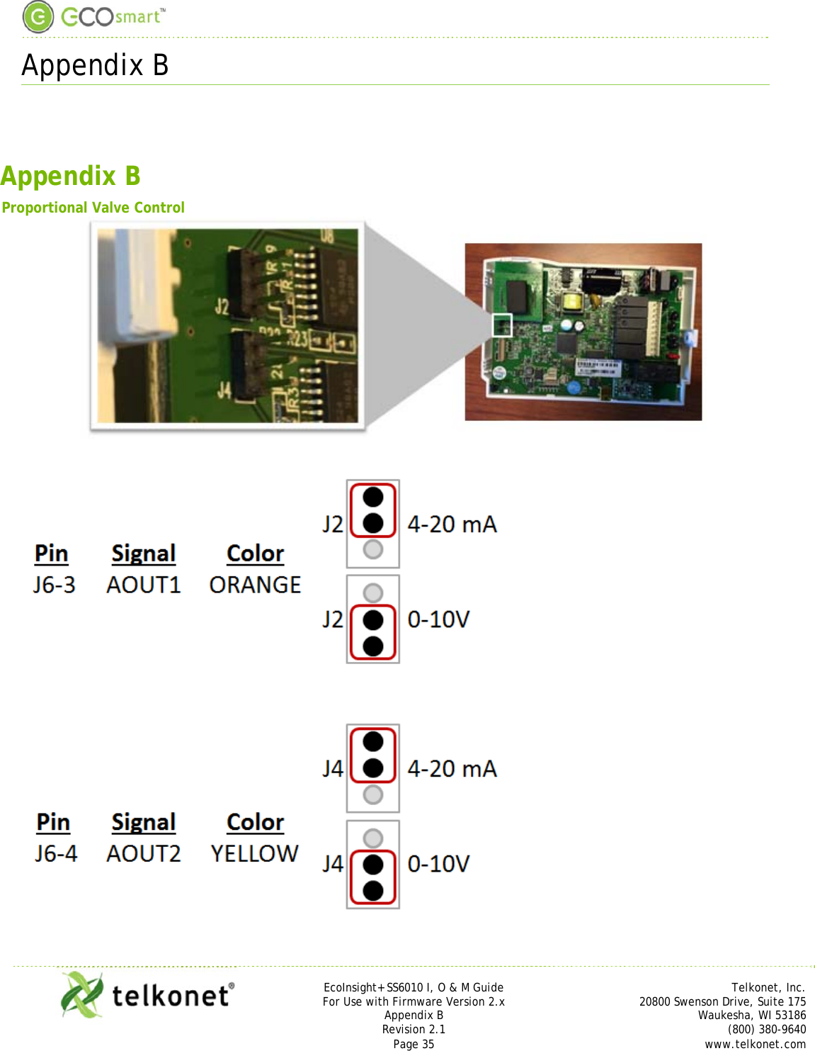  Appendix B     EcoInsight+ SS6010 I, O &amp; M Guide Telkonet, Inc. For Use with Firmware Version 2.x 20800 Swenson Drive, Suite 175 Appendix B Waukesha, WI 53186 Revision 2.1   (800) 380-9640 Page 35  www.telkonet.com   Appendix B  Proportional Valve Control     