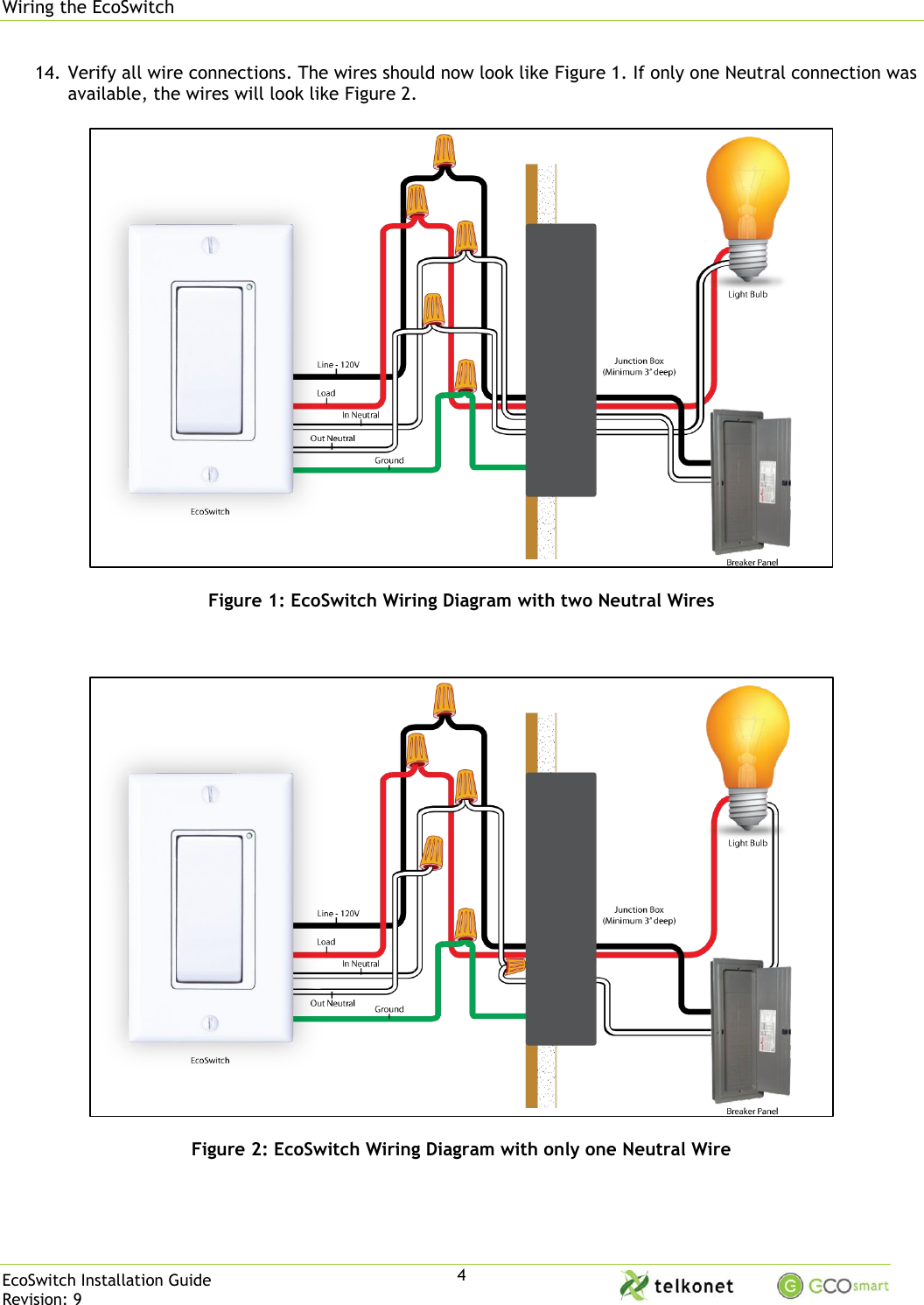 Wiring the EcoSwitch EcoSwitch Installation Guide Revision: 9 4 14. Verify all wire connections. The wires should now look like Figure 1. If only one Neutral connection was available, the wires will look like Figure 2.    Figure 1: EcoSwitch Wiring Diagram with two Neutral Wires      Figure 2: EcoSwitch Wiring Diagram with only one Neutral Wire     