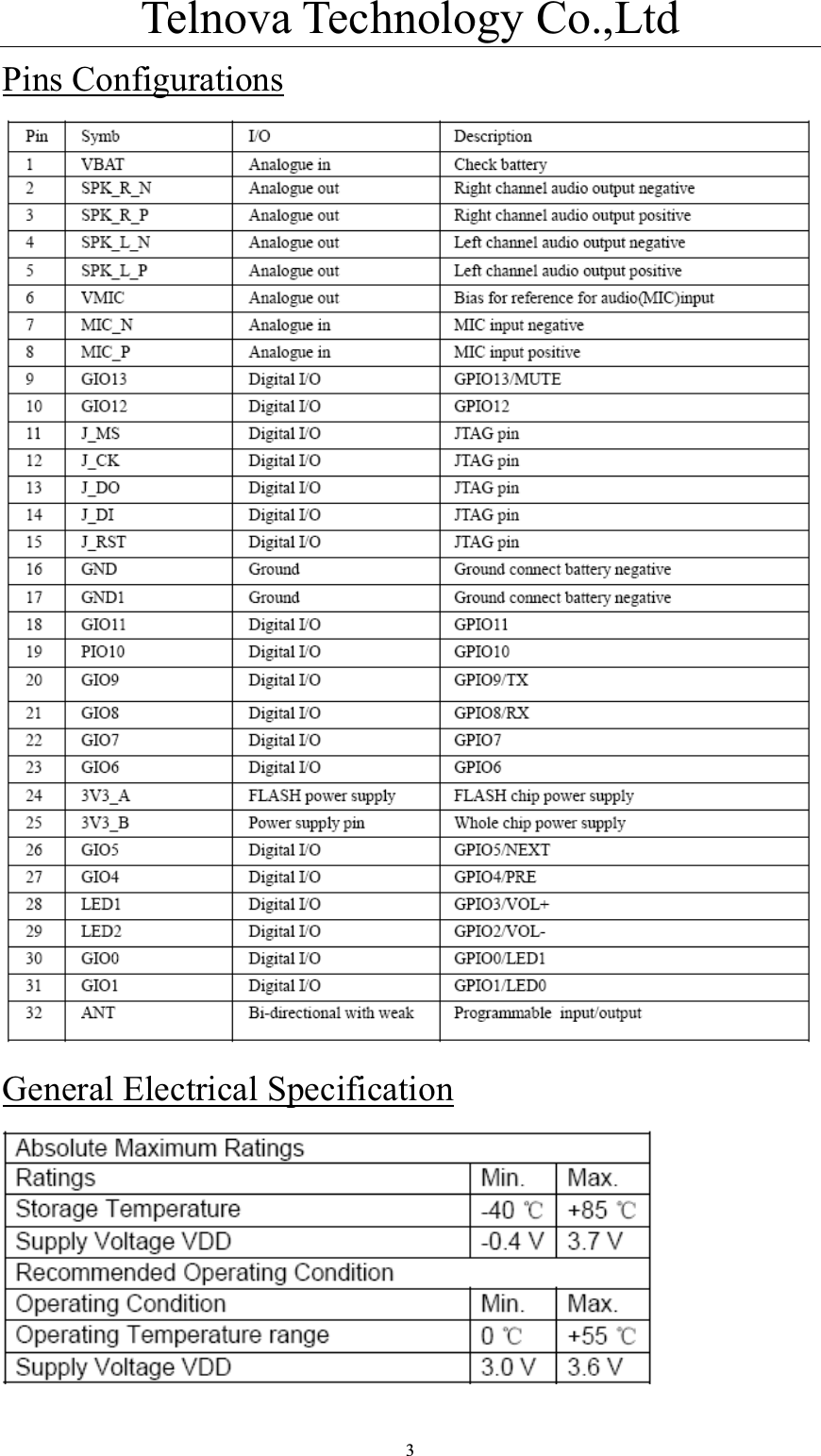 Telnova Technology Co.,Ltd  3Pins ConfigurationsGeneral Electrical Specification