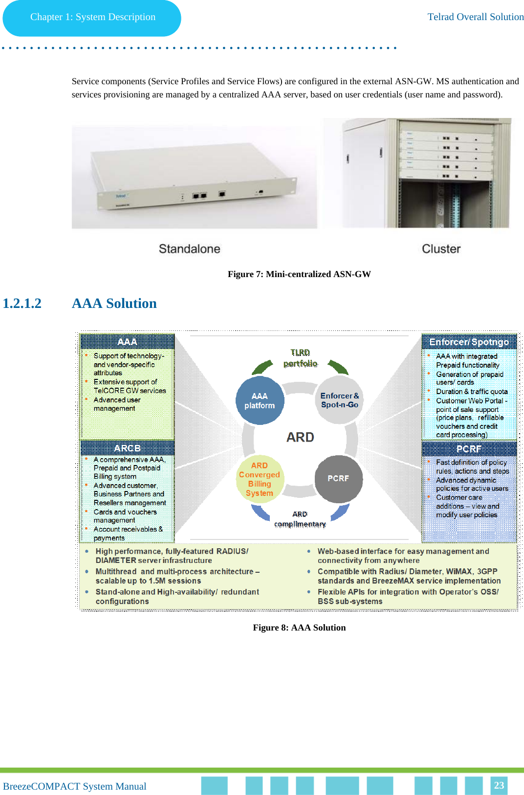 Chapter 1 - System DescriptionTelrad Overall SolutionChapter 1: System Description Telrad Overall Solution. . . . . . . . . . . . . . . . . . . . . . . . . . . . . . . . . . . . . . . . . . . . . . . . . . . . . . . .BreezeCOMPACT System ManualBreezeCOMPACT System Manual 23Service components (Service Profiles and Service Flows) are configured in the external ASN-GW. MS authentication and services provisioning are managed by a centralized AAA server, based on user credentials (user name and password). Figure 7: Mini-centralized ASN-GW1.2.1.2 AAA SolutionFigure 8: AAA Solution