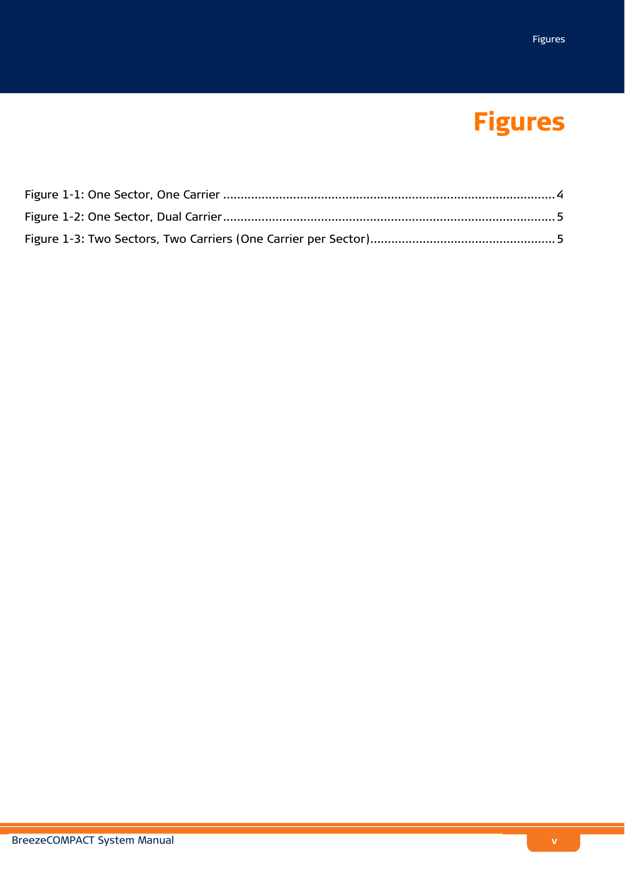 FiguresBreezeCOMPACT System ManualvFiguresFigure 1-1: One Sector, One Carrier ...............................................................................................4Figure 1-2: One Sector, Dual Carrier............................................................................................... 5Figure 1-3: Two Sectors, Two Carriers (One Carrier per Sector).....................................................5