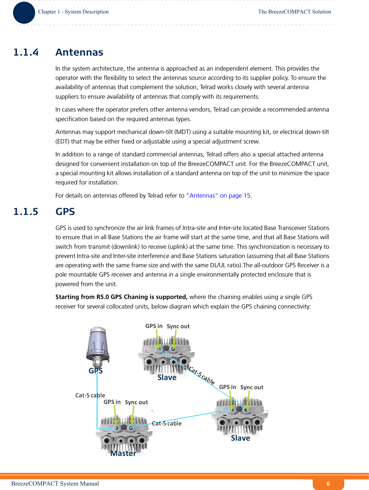 BreezeCOMPACT System ManualChapter 1 - System DescriptionThe BreezeCOMPACT SolutionChapter 1 - System Description The BreezeCOMPACT Solution61.1.4 AntennasIn the system architecture, the antenna is approached as an independent element. This provides the operator with the flexibility to select the antennas source according to its supplier policy. To ensure the availability of antennas that complement the solution, Telrad works closely with several antenna suppliers to ensure availability of antennas that comply with its requirements.In cases where the operator prefers other antenna vendors, Telrad can provide a recommended antenna specification based on the required antennas types.Antennas may support mechanical down-tilt (MDT) using a suitable mounting kit, or electrical down-tilt (EDT) that may be either fixed or adjustable using a special adjustment screw.In addition to a range of standard commercial antennas, Telrad offers also a special attached antenna designed for convenient installation on top of the BreezeCOMPACT unit. For the BreezeCOMPACT unit, a special mounting kit allows installation of a standard antenna on top of the unit to minimize the space required for installation.For details on antennas offered by Telrad refer to “Antennas” on page 15.1.1.5 GPSGPS is used to synchronize the air link frames of Intra-site and Inter-site located Base Transceiver Stations to ensure that in all Base Stations the air frame will start at the same time, and that all Base Stations will switch from transmit (downlink) to receive (uplink) at the same time. This synchronization is necessary to prevent Intra-site and Inter-site interference and Base Stations saturation (assuming that all Base Stations are operating with the same frame size and with the same DL/UL ratio).The all-outdoor GPS Receiver is a pole mountable GPS receiver and antenna in a single environmentally protected enclosure that is powered from the unit. Starting from R5.0 GPS Chaning is supported, where the chaining enables using a single GPS receiver for several collocated units, below diagram which explain the GPS chaining connectivity:SyncoutGPSinMasterSlaveMasterCat‐5cableCat‐5cableSlaveSyncoutGPSinSyncoutGPSinGPS