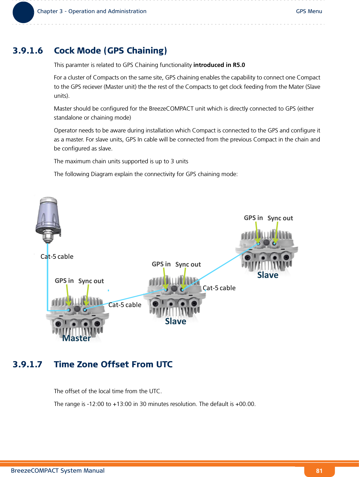 BreezeCOMPACT System ManualChapter 3 - Operation and AdministrationGPS MenuChapter 3 - Operation and Administration GPS Menu813.9.1.6 Cock Mode (GPS Chaining)This paramter is related to GPS Chaining functionality introduced in R5.0For a cluster of Compacts on the same site, GPS chaining enables the capability to connect one Compact to the GPS reciever (Master unit) the the rest of the Compacts to get clock feeding from the Mater (Slave units). Master should be configured for the BreezeCOMPACT unit which is directly connected to GPS (either  standalone or chaining mode) Operator needs to be aware during installation which Compact is connected to the GPS and configure it as a master. For slave units, GPS In cable will be connected from the previous Compact in the chain and be configured as slave. The maximum chain units supported is up to 3 unitsThe following Diagram explain the connectivity for GPS chaining mode:3.9.1.7 Time Zone Offset From UTCThe offset of the local time from the UTC.The range is -12:00 to +13:00 in 30 minutes resolution. The default is +00.00.SyncoutGPSinMasterSlaveMasterCat‐5cableCat‐5cableSlaveCat‐5cableSyncoutGPSinSyncoutGPSin