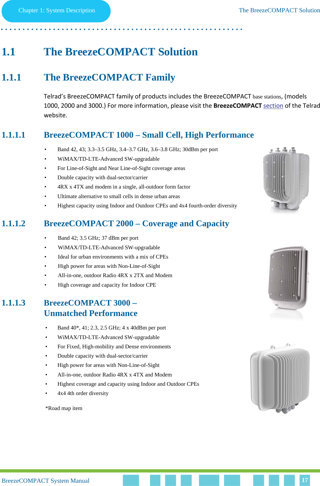 Chapter 1 - System DescriptionThe BreezeCOMPACT SolutionChapter 1: System Description The BreezeCOMPACT Solution. . . . . . . . . . . . . . . . . . . . . . . . . . . . . . . . . . . . . . . . . . . . . . . . . . . . . . . .BreezeCOMPACT System ManualBreezeCOMPACT System Manual 171.1 The BreezeCOMPACT Solution1.1.1 The BreezeCOMPACT FamilyTelrad’s BreezeCOMPACT family of products includes the BreezeCOMPACT base stations, (models 1000, 2000 and 3000.) For more information, please visit the BreezeCOMPACT section of the Telrad website.1.1.1.1 BreezeCOMPACT 1000 – Small Cell, High Performance• Band 42, 43; 3.3–3.5 GHz, 3.4–3.7 GHz, 3.6–3.8 GHz; 30dBm per port• WiMAX/TD-LTE-Advanced SW-upgradable• For Line-of-Sight and Near Line-of-Sight coverage areas• Double capacity with dual-sector/carrier• 4RX x 4TX and modem in a single, all-outdoor form factor• Ultimate alternative to small cells in dense urban areas• Highest capacity using Indoor and Outdoor CPEs and 4x4 fourth-order diversity1.1.1.2 BreezeCOMPACT 2000 – Coverage and Capacity• Band 42; 3.5 GHz; 37 dBm per port• WiMAX/TD-LTE-Advanced SW-upgradable• Ideal for urban environments with a mix of CPEs• High power for areas with Non-Line-of-Sight• All-in-one, outdoor Radio 4RX x 2TX and Modem• High coverage and capacity for Indoor CPE1.1.1.3 BreezeCOMPACT 3000 –Unmatched Performance• Band 40*, 41; 2.3, 2.5 GHz; 4 x 40dBm per port• WiMAX/TD-LTE-Advanced SW-upgradable• For Fixed, High-mobility and Dense environments• Double capacity with dual-sector/carrier• High power for areas with Non-Line-of-Sight• All-in-one, outdoor Radio 4RX x 4TX and Modem• Highest coverage and capacity using Indoor and Outdoor CPEs• 4x4 4th order diversity*Road map item