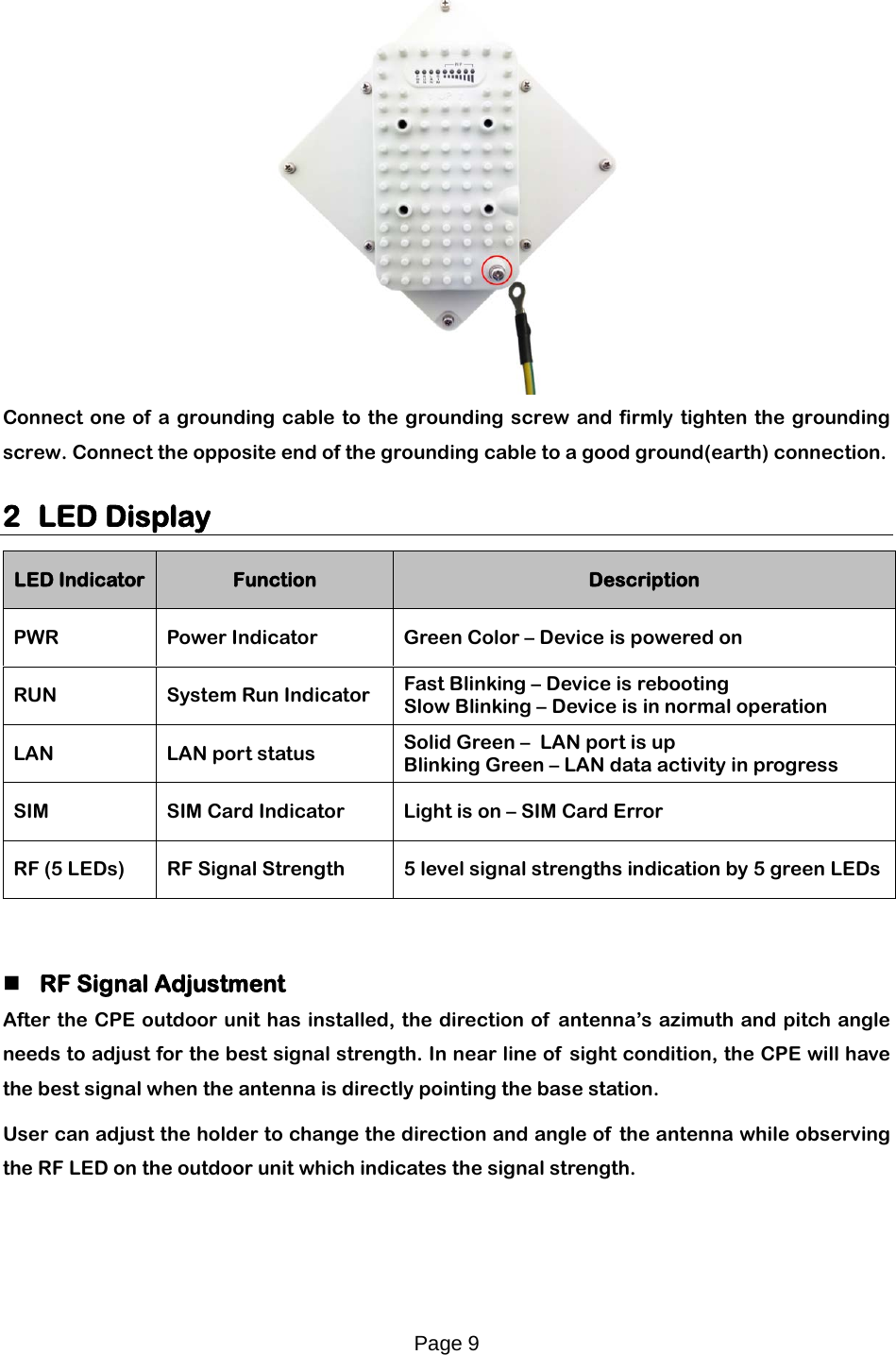 Page 9    Connect one of a grounding cable to the grounding screw and firmly tighten the grounding screw. Connect the opposite end of the grounding cable to a good ground(earth) connection. 2 LED Display   LED Indicator Function Description PWR Power Indicator  Green Color – Device is powered on RUN System Run Indicator Fast Blinking – Device is rebooting Slow Blinking – Device is in normal operation    LAN  LAN port status Solid Green –  LAN port is up Blinking Green – LAN data activity in progress SIM SIM Card Indicator Light is on – SIM Card Error RF (5 LEDs) RF Signal Strength 5 level signal strengths indication by 5 green LEDs    RF Signal Adjustment After the CPE outdoor unit has installed, the direction of  antenna’s azimuth and pitch angle needs to adjust for the best signal strength. In near line of  sight condition, the CPE will have the best signal when the antenna is directly pointing the base station. User can adjust the holder to change the direction and angle of  the antenna while observing the RF LED on the outdoor unit which indicates the signal strength. 