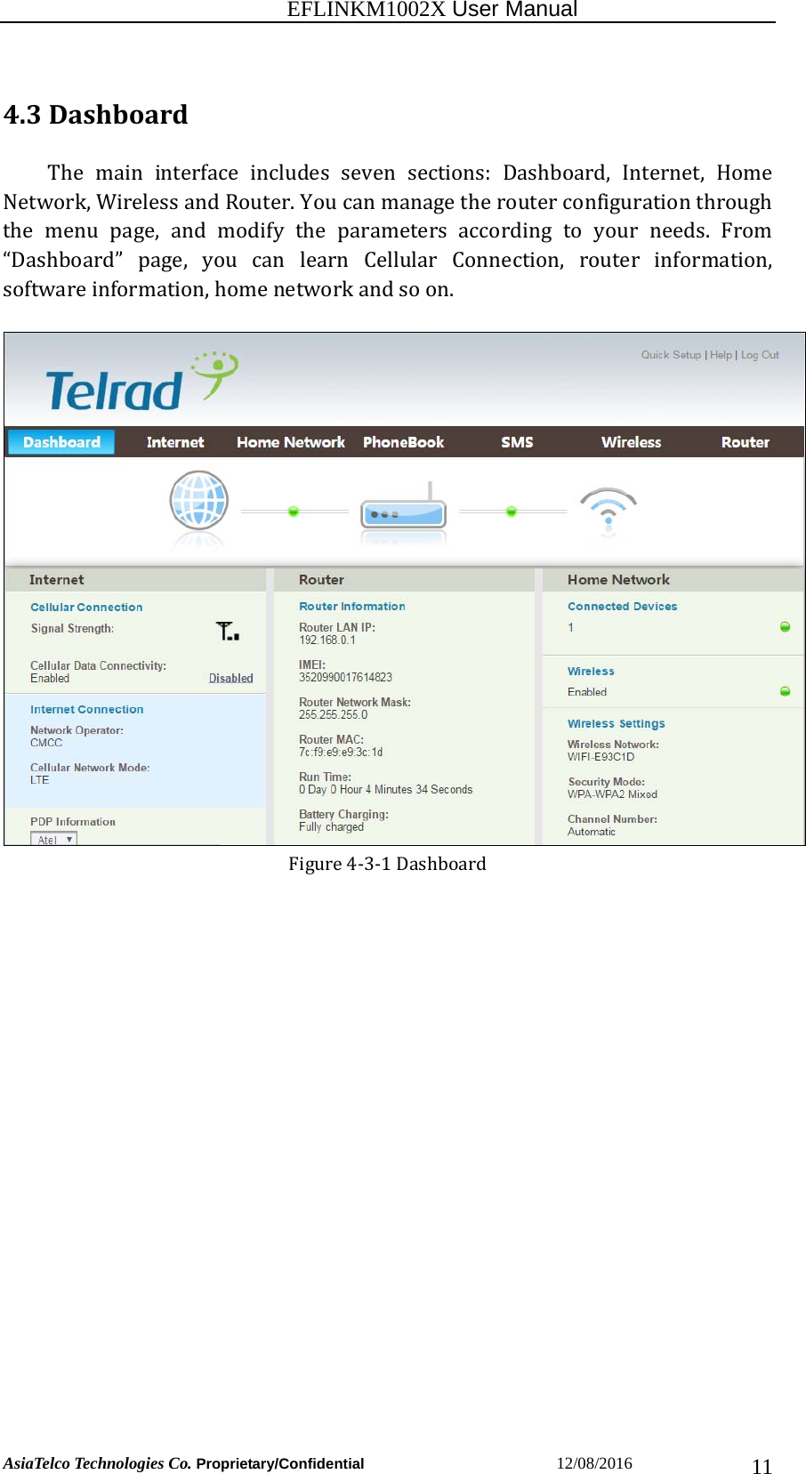                                                           EFLINKM1002X User Manual                          AsiaTelco Technologies Co. Proprietary/Confidential                       12/08/2016  114.3DashboardThe main interface includes seven sections: Dashboard, Internet, HomeNetwork,WirelessandRouter.Youcanmanagetherouterconfigurationthroughthe menu page, and modify the parameters according to your needs. From“Dashboard” page, you can learn Cellular Connection, router information,softwareinformation,homenetworkandsoon.Figure4‐3‐1Dashboard