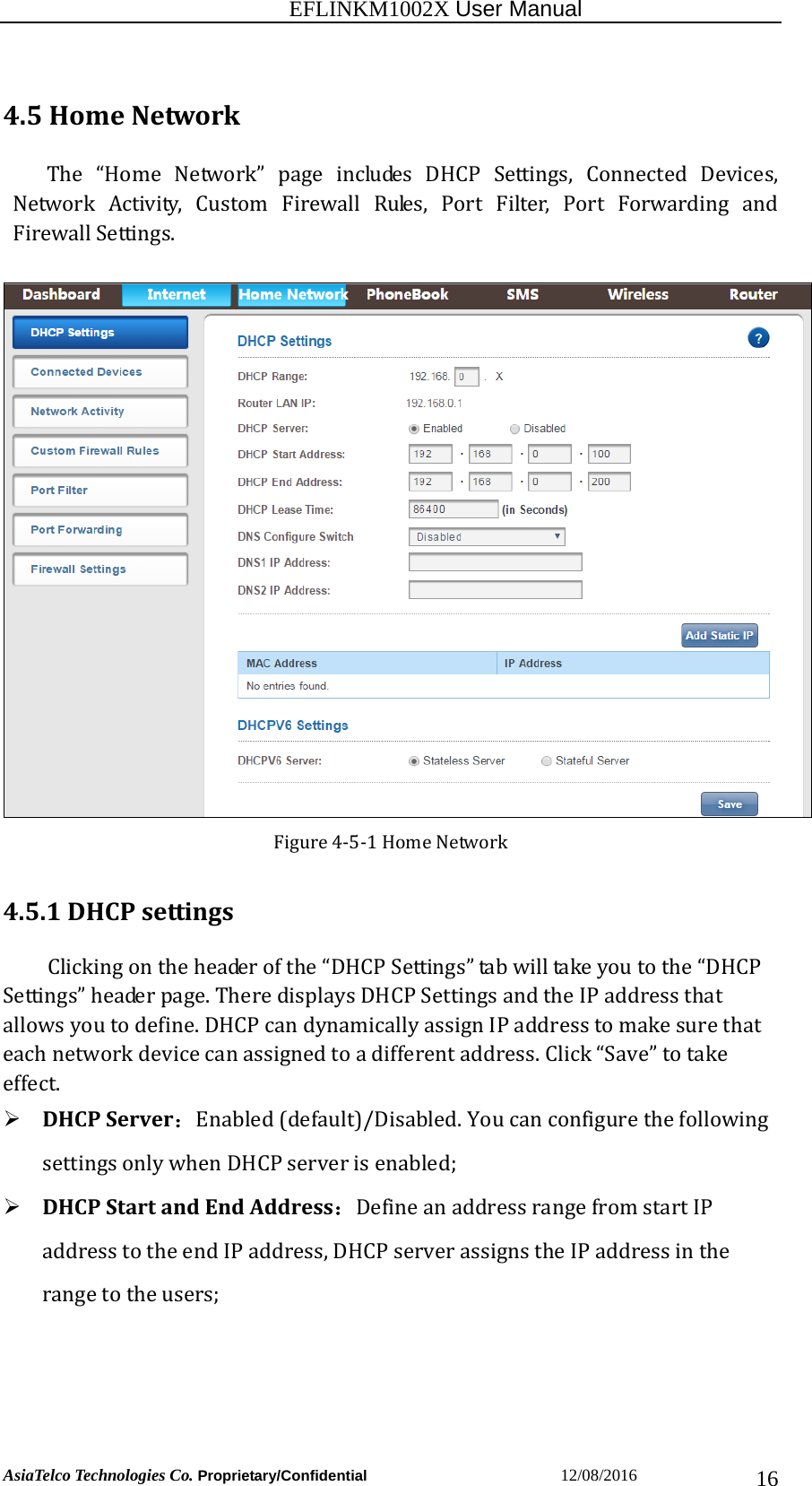                                                           EFLINKM1002X User Manual                          AsiaTelco Technologies Co. Proprietary/Confidential                       12/08/2016  164.5HomeNetworkThe “Home Network” page includes DHCP Settings, Connected Devices,Network Activity, Custom Firewall Rules, Port Filter, Port Forwarding andFirewallSettings. Figure4‐5‐1HomeNetwork4.5.1DHCPsettingsClickingontheheaderofthe“DHCPSettings”tabwilltakeyoutothe“DHCPSettings”headerpage.TheredisplaysDHCPSettingsandtheIPaddressthatallowsyoutodefine.DHCPcandynamicallyassignIPaddresstomakesurethateachnetworkdevicecanassignedtoadifferentaddress.Click“Save”totakeeffect.  DHCPServer：Enabled(default)/Disabled.YoucanconfigurethefollowingsettingsonlywhenDHCPserverisenabled; DHCPStartandEndAddress：DefineanaddressrangefromstartIPaddresstotheendIPaddress,DHCPserverassignstheIPaddressintherangetotheusers;