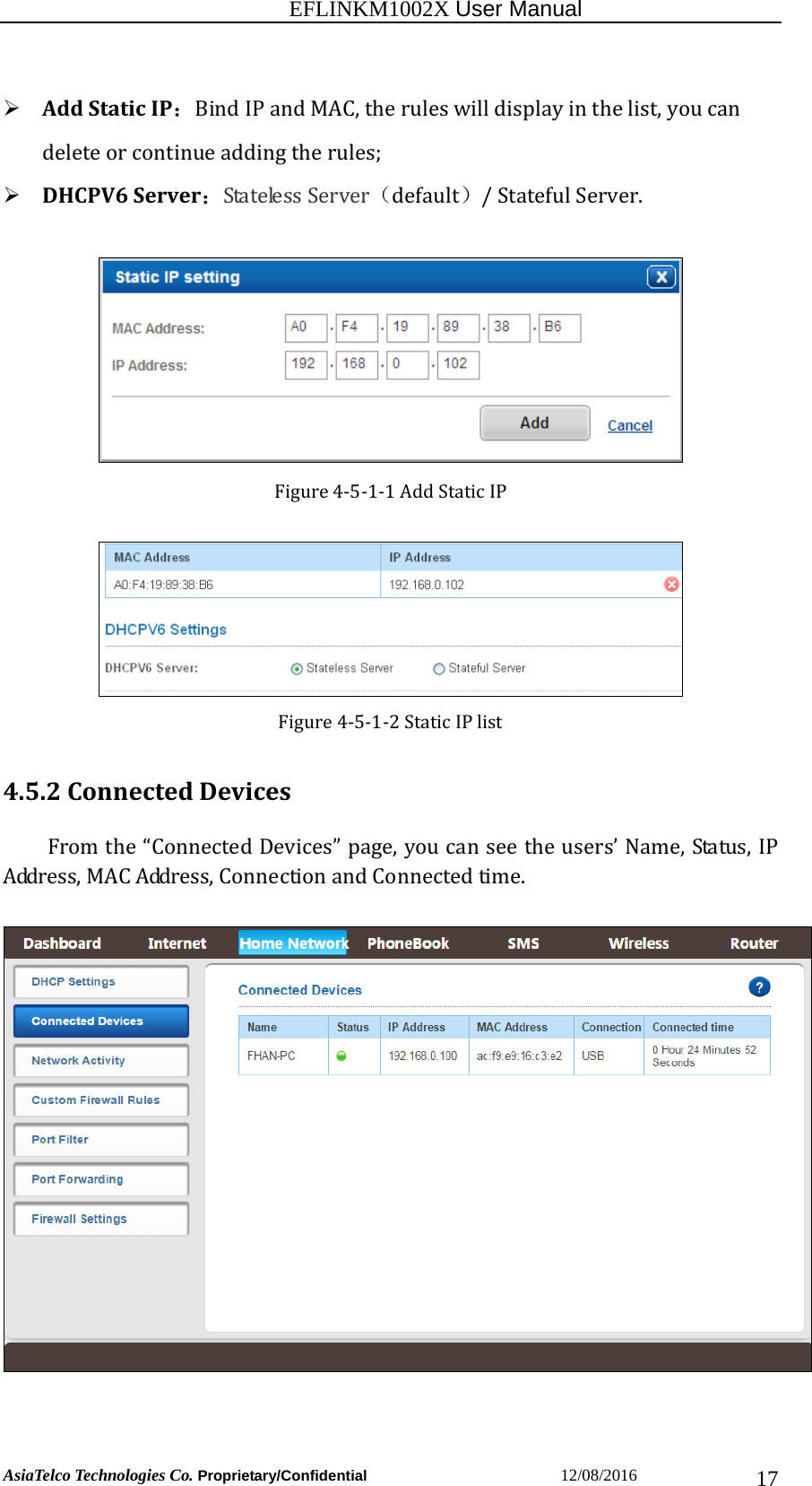                                                           EFLINKM1002X User Manual                          AsiaTelco Technologies Co. Proprietary/Confidential                       12/08/2016  17 AddStaticIP：BindIPandMAC,theruleswilldisplayinthelist,youcandeleteorcontinueaddingtherules; DHCPV6Server：StatelessServer（default）/StatefulServer.Figure4‐5‐1‐1AddStaticIPFigure4‐5‐1‐2StaticIPlist 4.5.2ConnectedDevicesFromthe“ConnectedDevices”page,youcanseetheusers’Name,Status,IPAddress,MACAddress,ConnectionandConnectedtime.