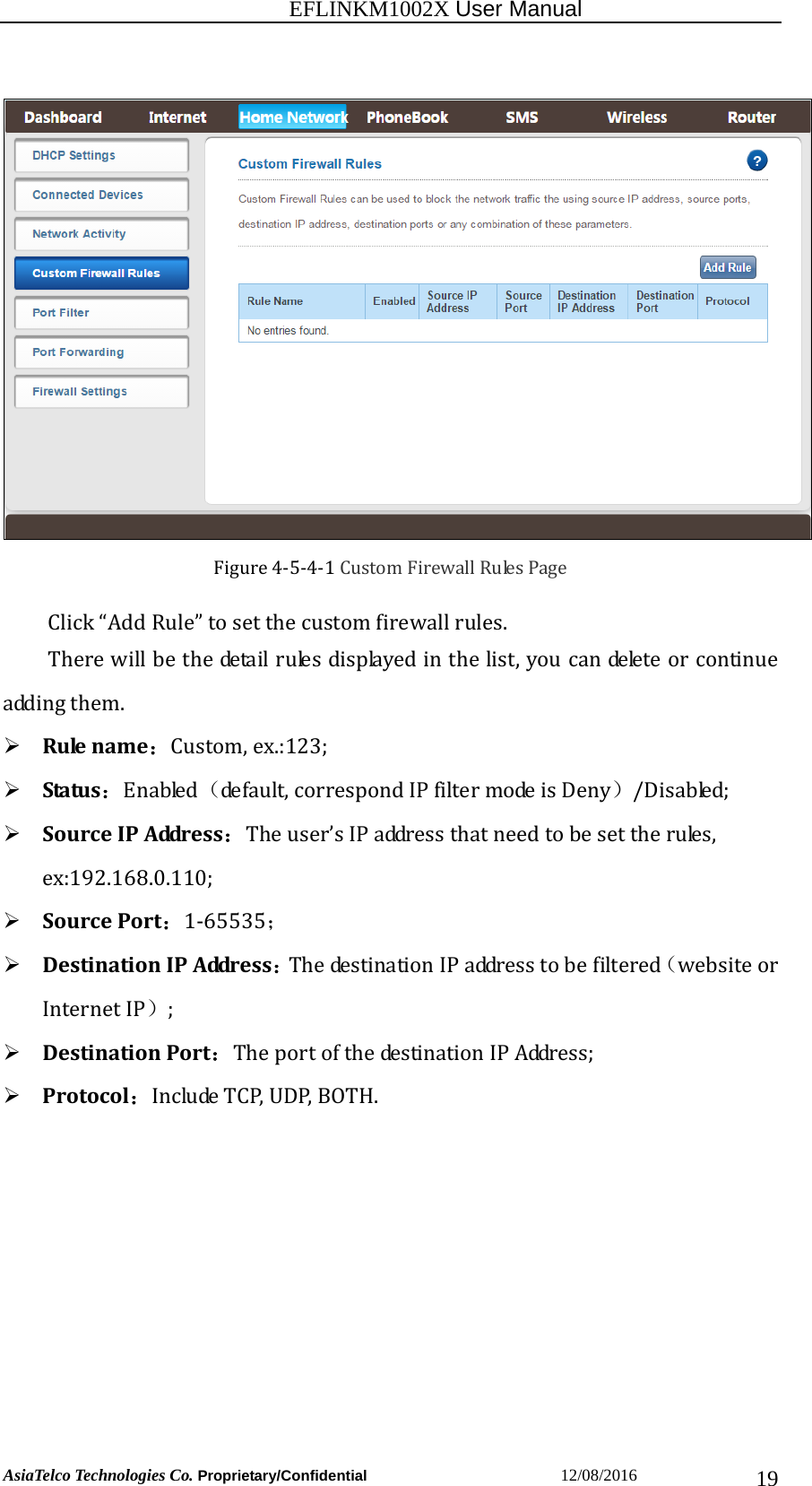                                                           EFLINKM1002X User Manual                          AsiaTelco Technologies Co. Proprietary/Confidential                       12/08/2016  19Figure4‐5‐4‐1CustomFirewallRulesPageClick“AddRule”tosetthecustomfirewallrules.Therewillbethedetailrulesdisplayedinthelist,youcandeleteorcontinueaddingthem. Rulename：Custom,ex.:123; Status：Enabled（default,correspondIPfiltermodeisDeny）/Disabled; SourceIPAddress：Theuser’sIPaddressthatneedtobesettherules,ex:192.168.0.110; SourcePort：1‐65535； DestinationIPAddress：ThedestinationIPaddresstobefiltered（websiteorInternetIP）; DestinationPort：TheportofthedestinationIPAddress; Protocol：IncludeTCP,UDP,BOTH.