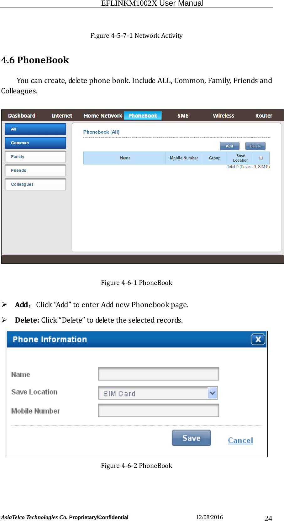                                                           EFLINKM1002X User Manual                          AsiaTelco Technologies Co. Proprietary/Confidential                       12/08/2016  24Figure4‐5‐7‐1NetworkActivity4.6PhoneBookYoucancreate,deletephonebook.IncludeALL,Common,Family,FriendsandColleagues.Figure4‐6‐1PhoneBook Add：Click“Add”toenterAddnewPhonebookpage. Delete:Click“Delete”todeletetheselectedrecords.Figure4‐6‐2PhoneBook