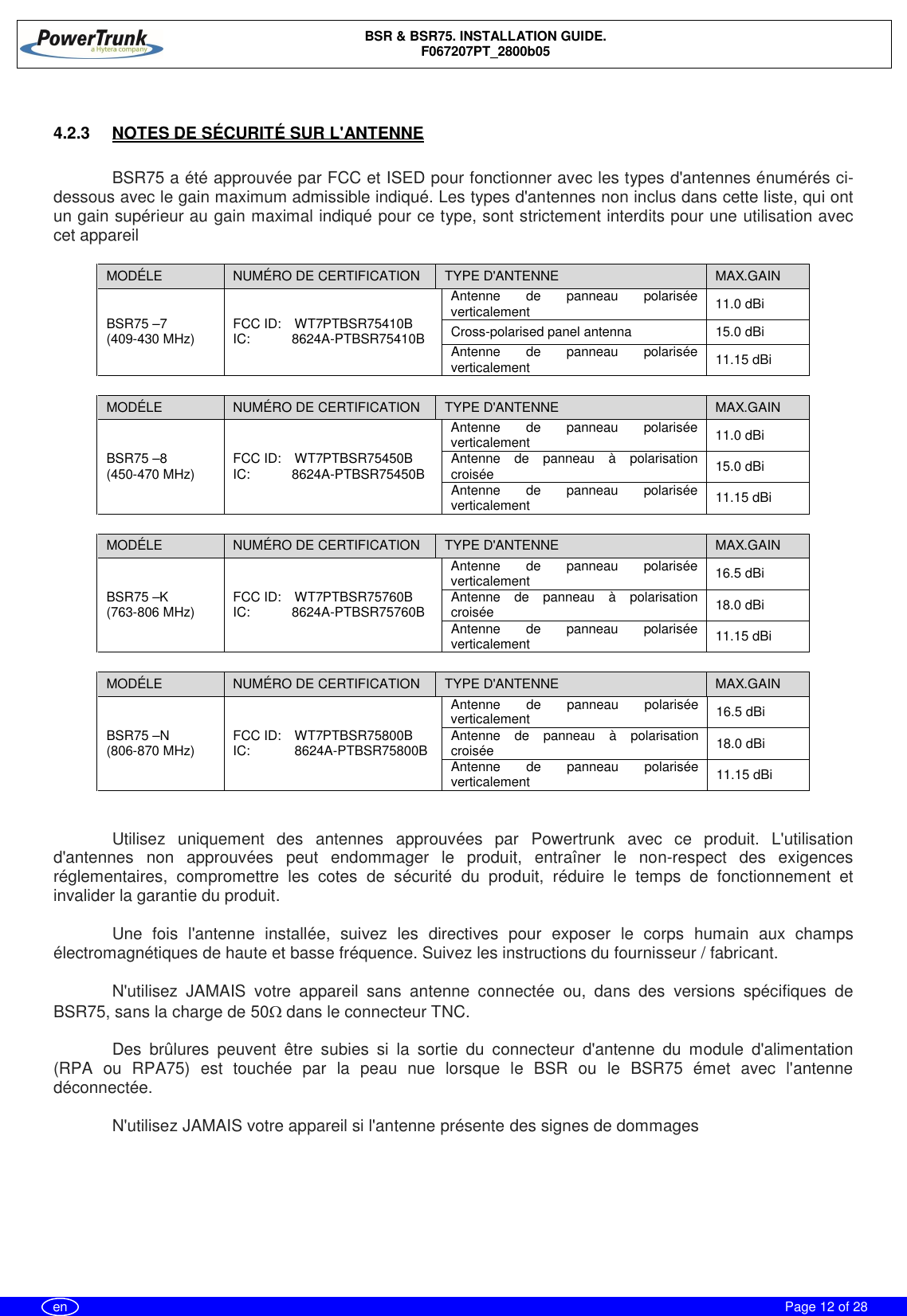 BSR &amp; BSR75. INSTALLATION GUIDE.F067207PT_2800b05Page 12 of 28en4.2.3  NOTES DE SÉCURITÉ SUR L&apos;ANTENNEBSR75 a été approuvée par FCC et ISED pour fonctionner avec les types d&apos;antennes énumérés ci-dessous avec le gain maximum admissible indiqué. Les types d&apos;antennes non inclus dans cette liste, qui ontun gain supérieur au gain maximal indiqué pour ce type, sont strictement interdits pour une utilisation aveccet appareilMODÉLE NUMÉRO DE CERTIFICATION TYPE D&apos;ANTENNE MAX.GAINBSR75 –7(409-430 MHz) FCC ID:  WT7PTBSR75410BIC: 8624A-PTBSR75410BAntenne de panneau polariséeverticalement 11.0 dBiCross-polarised panel antenna 15.0 dBiAntenne de panneau polariséeverticalement 11.15 dBiMODÉLE NUMÉRO DE CERTIFICATION TYPE D&apos;ANTENNE MAX.GAINBSR75 –8(450-470 MHz) FCC ID:  WT7PTBSR75450BIC: 8624A-PTBSR75450BAntenne de panneau polariséeverticalement 11.0 dBiAntenne de panneau à polarisationcroisée 15.0 dBiAntenne de panneau polariséeverticalement 11.15 dBiMODÉLE NUMÉRO DE CERTIFICATION TYPE D&apos;ANTENNE MAX.GAINBSR75 –K(763-806 MHz) FCC ID:  WT7PTBSR75760BIC: 8624A-PTBSR75760BAntenne de panneau polariséeverticalement 16.5 dBiAntenne de panneau à polarisationcroisée 18.0 dBiAntenne de panneau polariséeverticalement 11.15 dBiMODÉLE NUMÉRO DE CERTIFICATION TYPE D&apos;ANTENNE MAX.GAINBSR75 –N(806-870 MHz) FCC ID:  WT7PTBSR75800BIC: 8624A-PTBSR75800BAntenne de panneau polariséeverticalement 16.5 dBiAntenne de panneau à polarisationcroisée 18.0 dBiAntenne de panneau polariséeverticalement 11.15 dBiUtilisez uniquement des antennes approuvées par Powertrunk avec ce produit. L&apos;utilisationd&apos;antennes non approuvées peut endommager le produit, entraîner le non-respect des exigencesréglementaires, compromettre les cotes de sécurité du produit, réduire le temps de fonctionnement etinvalider la garantie du produit.Une fois l&apos;antenne installée, suivez les directives pour exposer le corps humain aux champsélectromagnétiques de haute et basse fréquence. Suivez les instructions du fournisseur / fabricant.N&apos;utilisez JAMAIS votre appareil sans antenne connectée ou, dans des versions spécifiques deBSR75, sans la charge de 50W dans le connecteur TNC.Des brûlures peuvent être subies si la sortie du connecteur d&apos;antenne du module d&apos;alimentation(RPA ou RPA75) est touchée par la peau nue lorsque le BSR ou le BSR75 émet avec l&apos;antennedéconnectée.N&apos;utilisez JAMAIS votre appareil si l&apos;antenne présente des signes de dommages