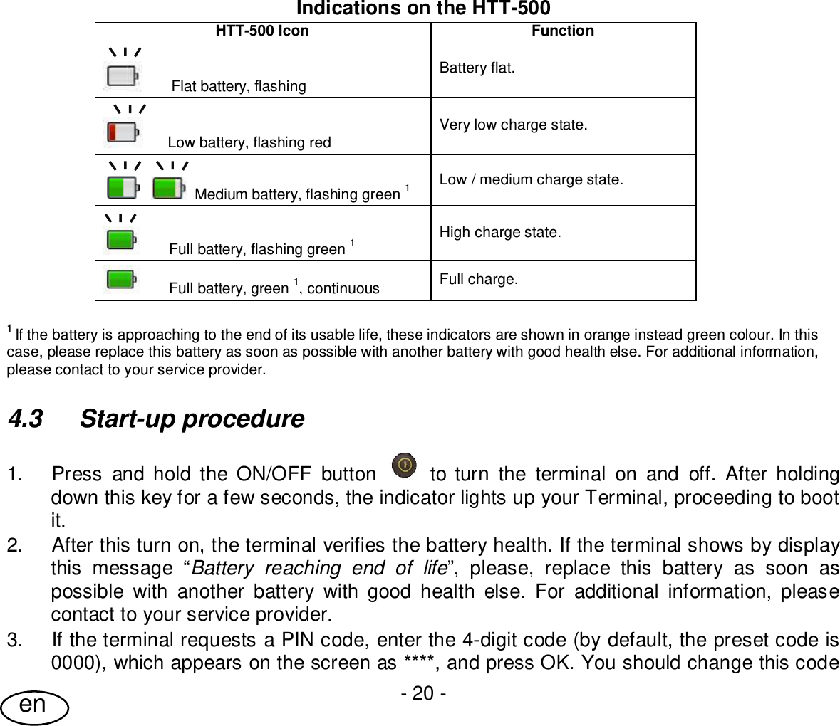 User Guide- 20 -enIndications on the HTT-500HTT-500 IconFunction       Flat battery, flashing Battery flat.      Low battery, flashing red Very low charge state.  Medium battery, flashing green 1Low / medium charge state.       Full battery, flashing green 1High charge state.       Full battery, green 1, continuous Full charge.1If the battery is approaching to the end of its usable life, these indicators are shown in orange instead green colour. In thiscase, please replace this battery as soon as possible with another battery with good health else. For additional information,please contact to your service provider.4.3  Start-up procedure1.  Press and hold the ON/OFF button  to turn the terminal on and off. After holdingdown this key for a few seconds, the indicator lights up your Terminal, proceeding to bootit.2.  After this turn on, the terminal verifies the battery health. If the terminal shows by displaythis message “Battery reaching end of life”, please, replace this battery as soon aspossible with another battery with good health else. For additional information, pleasecontact to your service provider.3.  If the terminal requests a PIN code, enter the 4-digit code (by default, the preset code is0000), which appears on the screen as ****, and press OK. You should change this code