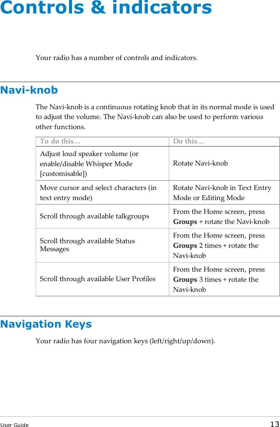 Controls &amp; indicatorsYour radio has a number of controls and indicators.Navi-knobThe Navi-knob is a continuous rotating knob that in its normal mode is usedto adjust the volume. The Navi-knob can also be used to perform variousother functions.To do this… Do this…Adjust loud speaker volume (orenable/disable Whisper Mode[customisable])Rotate Navi-knobMove cursor and select characters (intext entry mode)Rotate Navi-knob in Text EntryMode or Editing ModeScroll through available talkgroups From the Home screen, pressGroups + rotate the Navi-knobScroll through available StatusMessagesFrom the Home screen, pressGroups 2 times + rotate theNavi-knobScroll through available User ProfilesFrom the Home screen, pressGroups 3 times + rotate theNavi-knobNavigation KeysYour radio has four navigation keys (left/right/up/down).User Guide 13