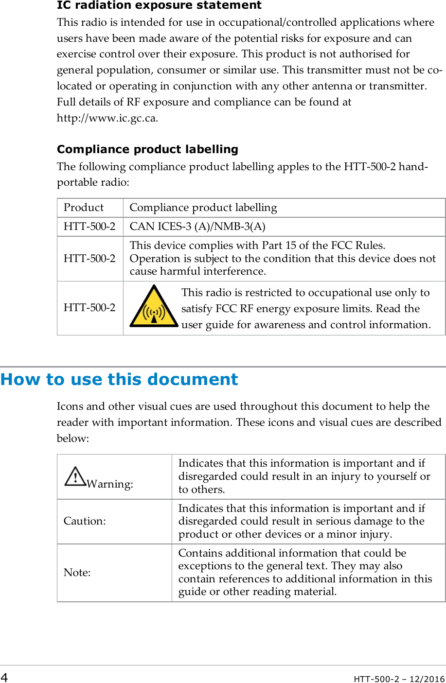 IC radiation exposure statementThis radio is intended for use in occupational/controlled applications whereusers have been made aware of the potential risks for exposure and canexercise control over their exposure. This product is not authorised forgeneral population, consumer or similar use. This transmitter must not be co-located or operating in conjunction with any other antenna or transmitter.Full details of RF exposure and compliance can be found athttp://www.ic.gc.ca.Compliance product labellingThe following compliance product labelling apples to the HTT-500-2 hand-portable radio:Product Compliance product labellingHTT-500-2 CAN ICES-3 (A)/NMB-3(A)HTT-500-2This device complies with Part 15 of the FCC Rules.Operation is subject to the condition that this device does notcause harmful interference.HTT-500-2This radio is restricted to occupational use only tosatisfy FCC RF energy exposure limits. Read theuser guide for awareness and control information.How to use this documentIcons and other visual cues are used throughout this document to help thereader with important information. These icons and visual cues are describedbelow:Warning:Indicates that this information is important and ifdisregarded could result in an injury to yourself orto others.Caution:Indicates that this information is important and ifdisregarded could result in serious damage to theproduct or other devices or a minor injury.Note:Contains additional information that could beexceptions to the general text. They may alsocontain references to additional information in thisguide or other reading material.4HTT-500-2 – 12/2016